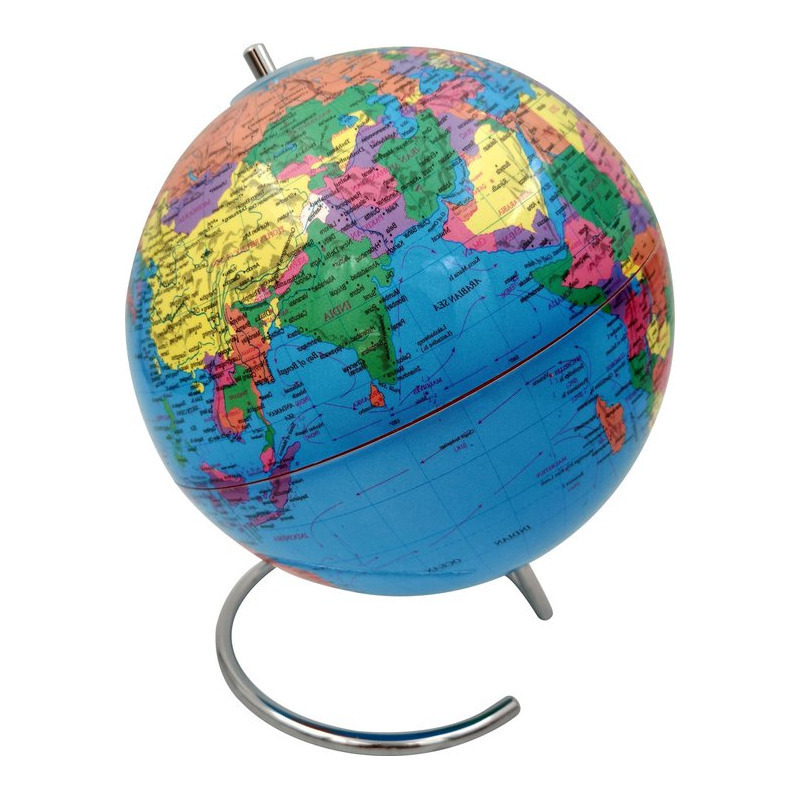 Decoratie wereldbol-globe blauw op ijzeren voet 20 x 24 cm