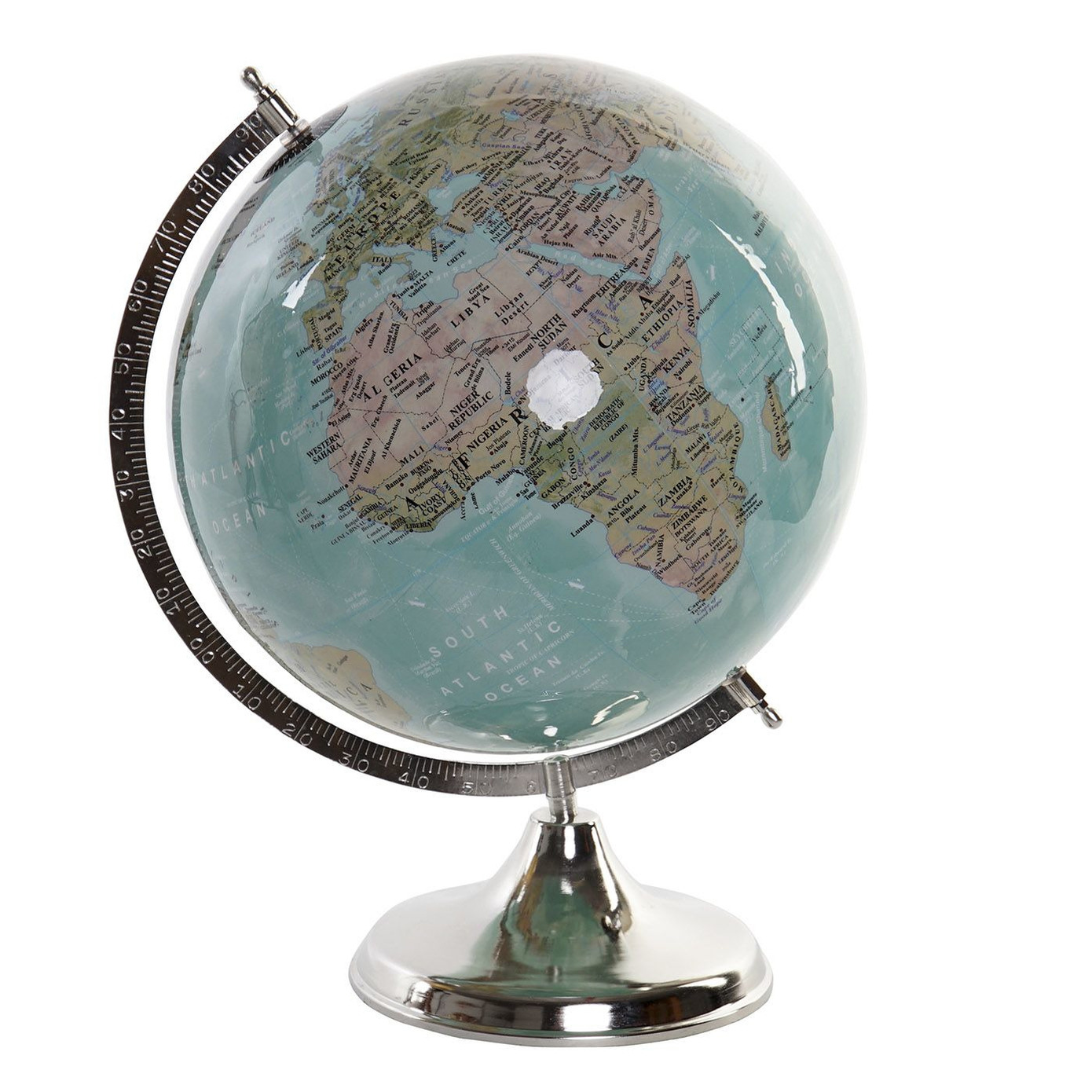 Decoratie wereldbol-globe blauw op ijzeren voet 30 x 41 cm
