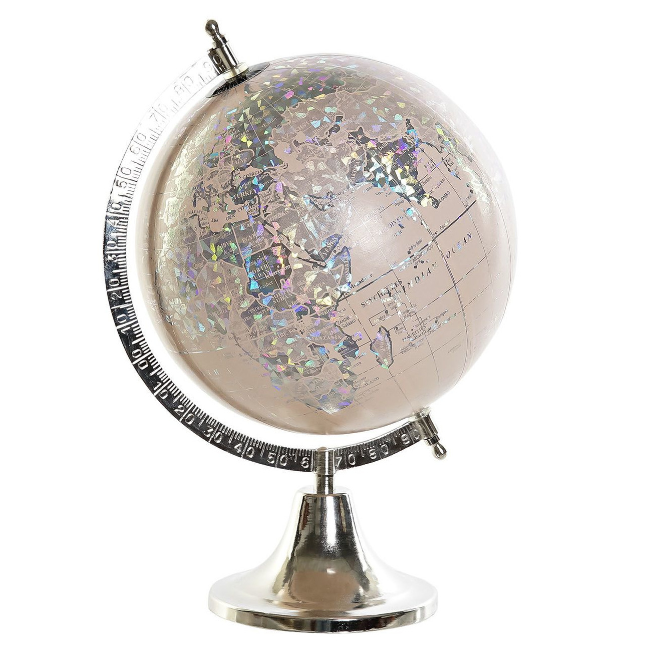 Decoratie wereldbol-globe lichtroze-zilver op metalen voet 40 x 22 cm