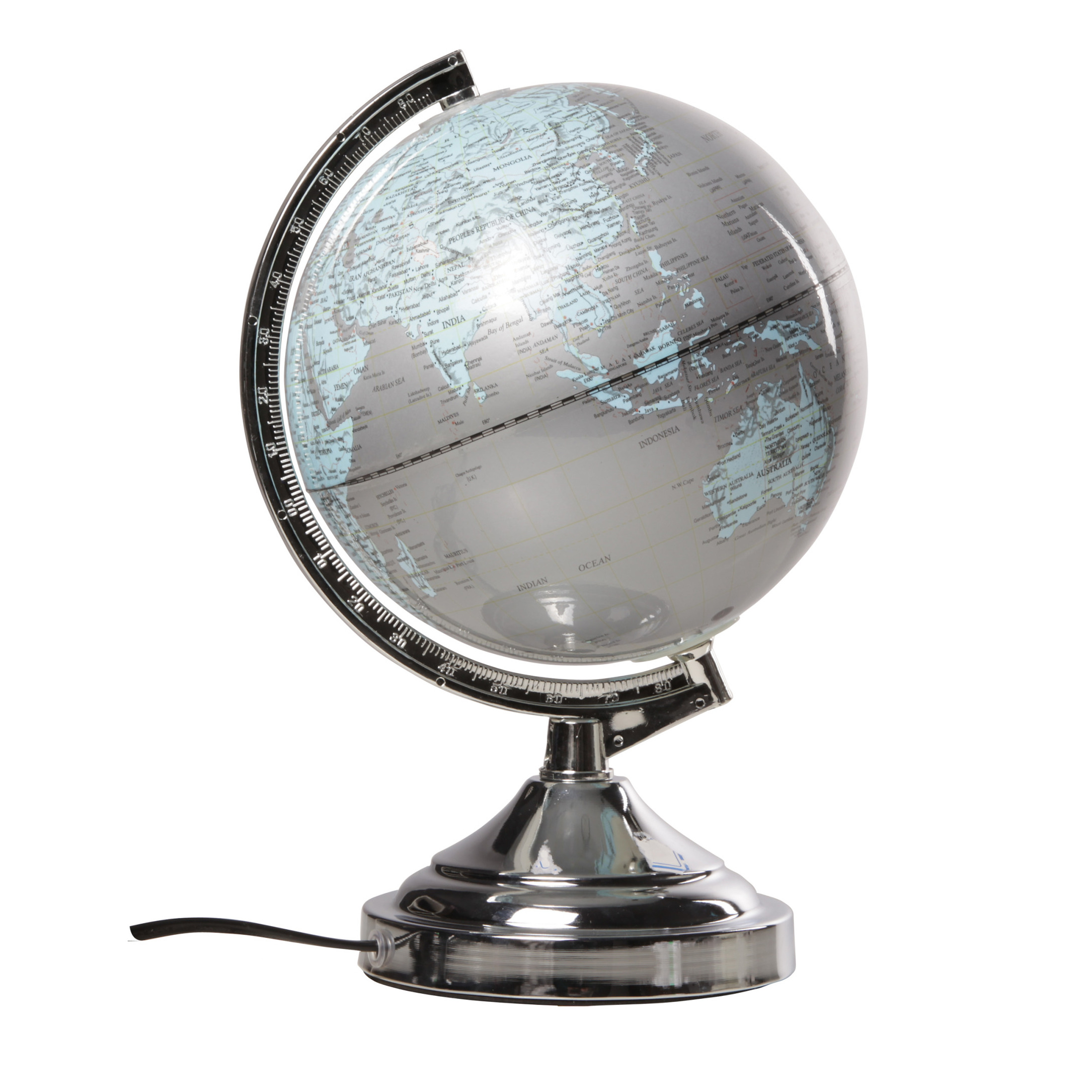 Decoratie wereldbol-globe zilver met verlichting op metalen voet 20 x 32 cm