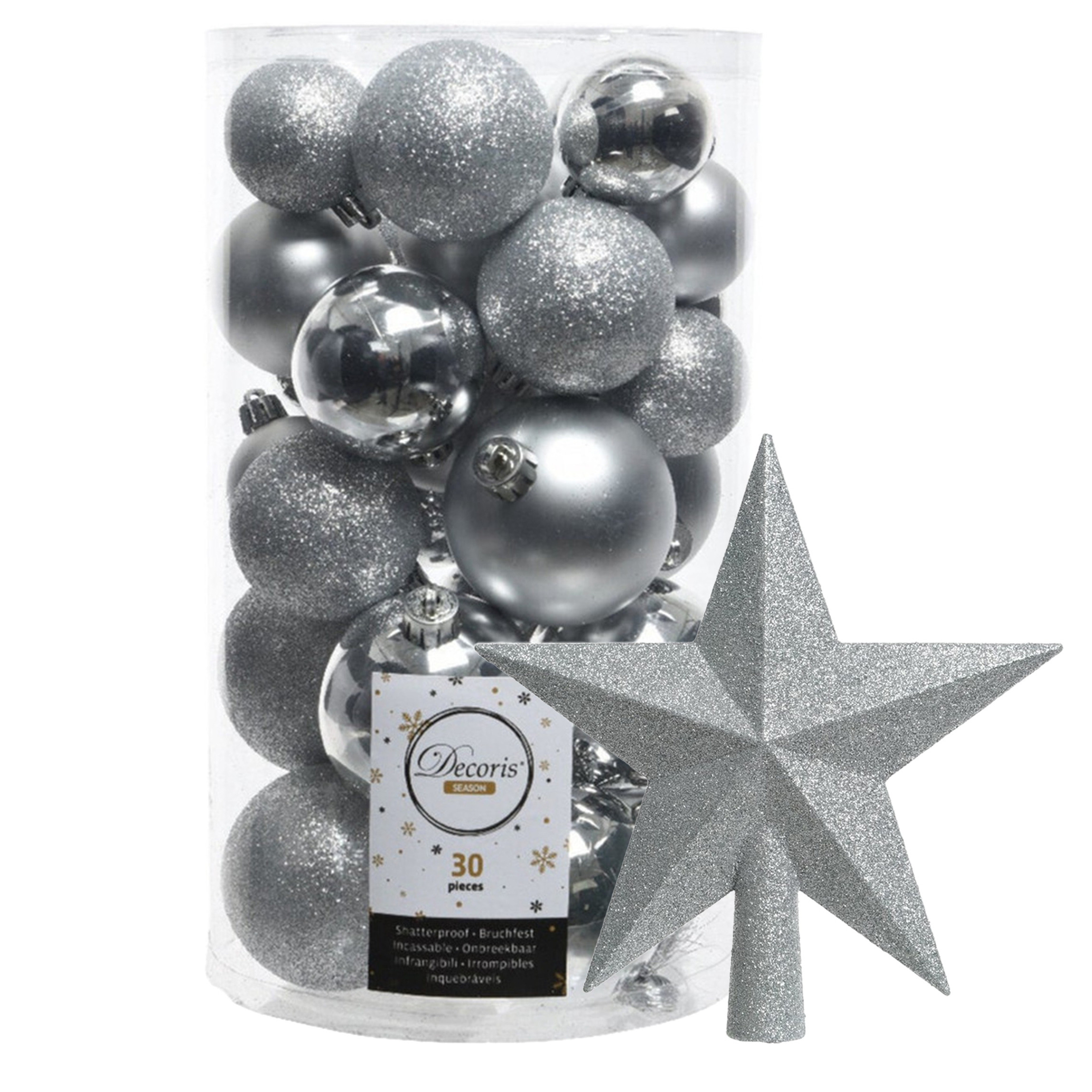 Decoris kerstballen 30x stuks zilver 4-5-6 cm kunststof mat-glans-glitter mix en piek