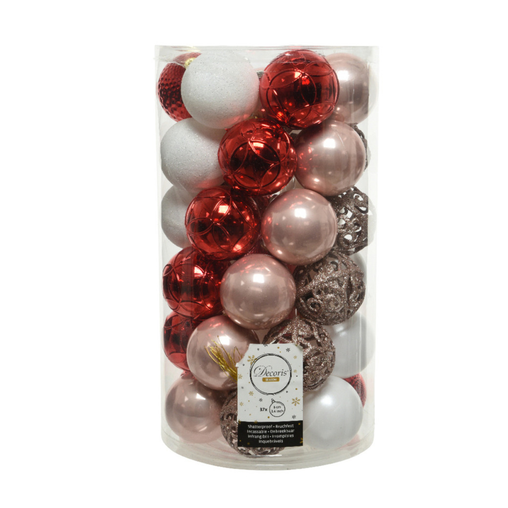 Decoris kerstballen 37x st lichtroze-rood-wit 6 cm kunststof kerstversiering