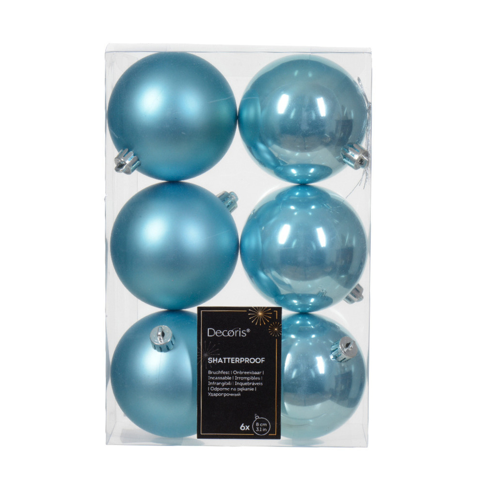 Decoris kerstballen 6x kunststof ijs blauw 8 cm