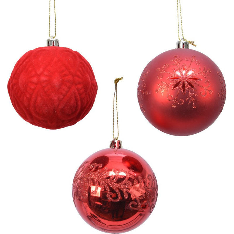Decoris luxe kerstballen 12x st rood 8 cm kunststof kerstversiering
