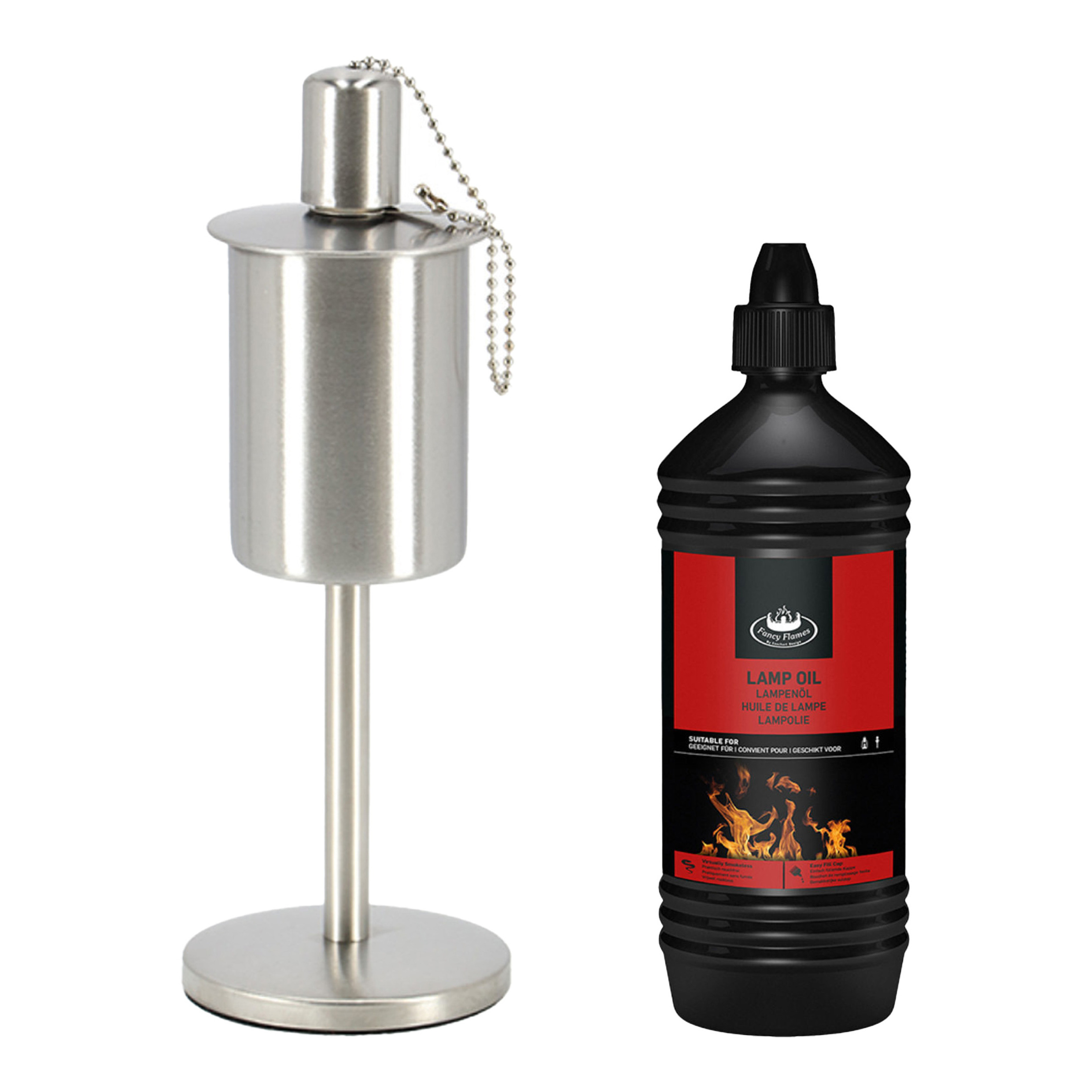 Fancy Flames Design olie/tuinfakkel - RVS - met lampenolie - 1 liter -