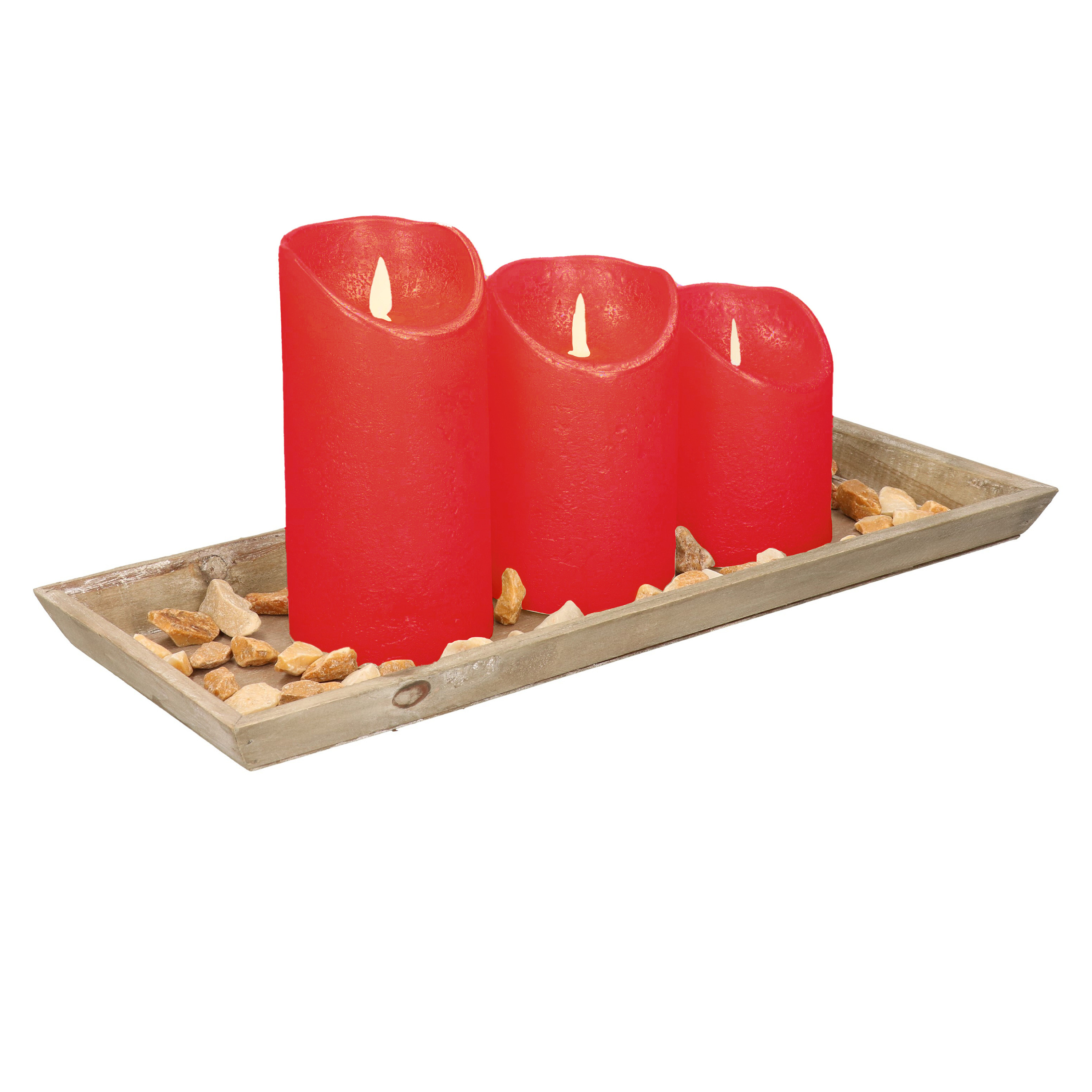 Dienblad van hout met 3 LED kaarsen in de kleur rood 39 x 15 cm