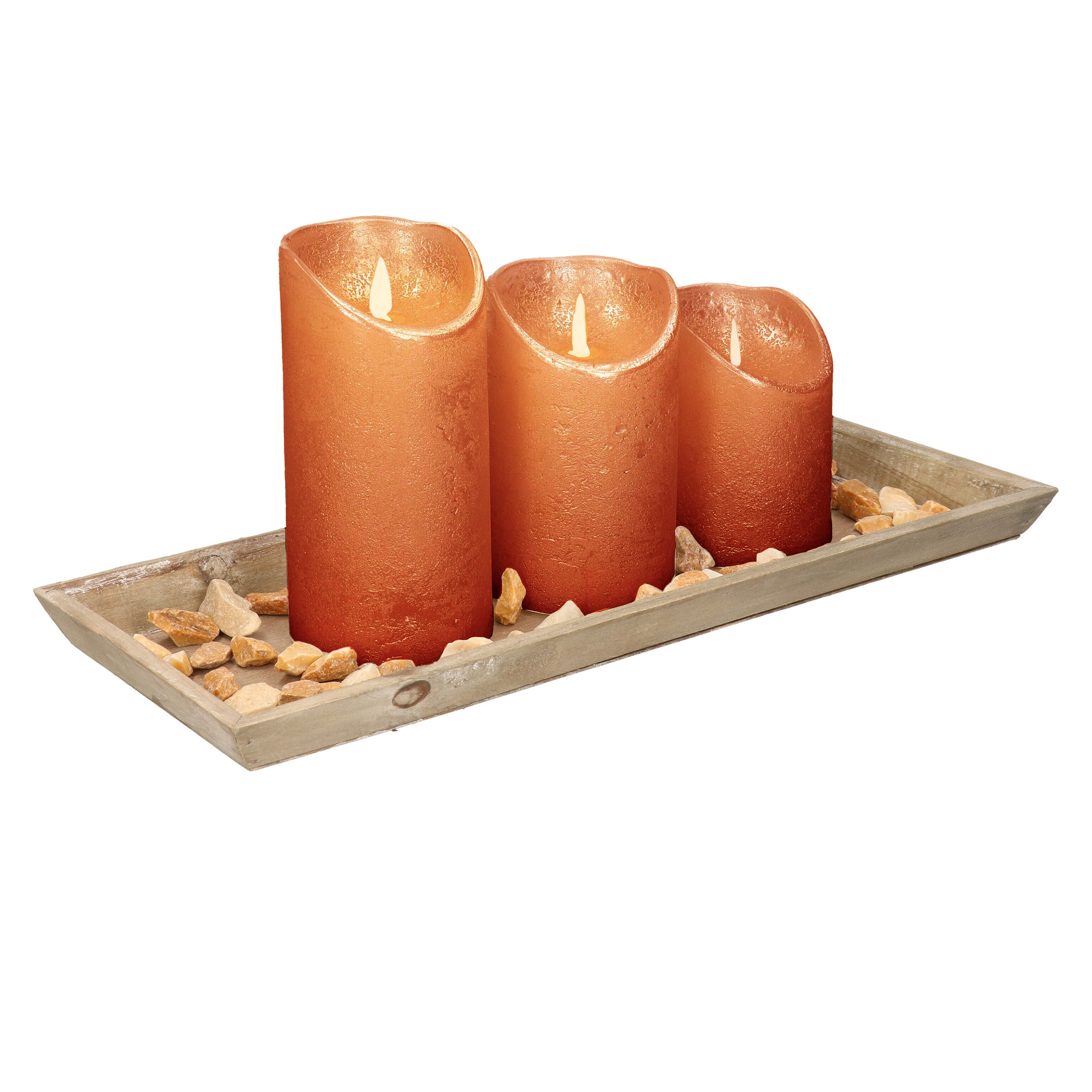 Dienblad van hout met 3 LED kaarsen in koper kleur 39 x 15 cm