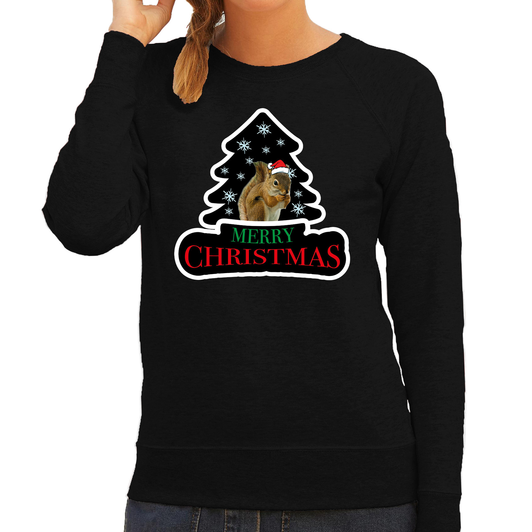 Dieren kersttrui eekhoorntje zwart dames Foute eekhoorntjes kerstsweater