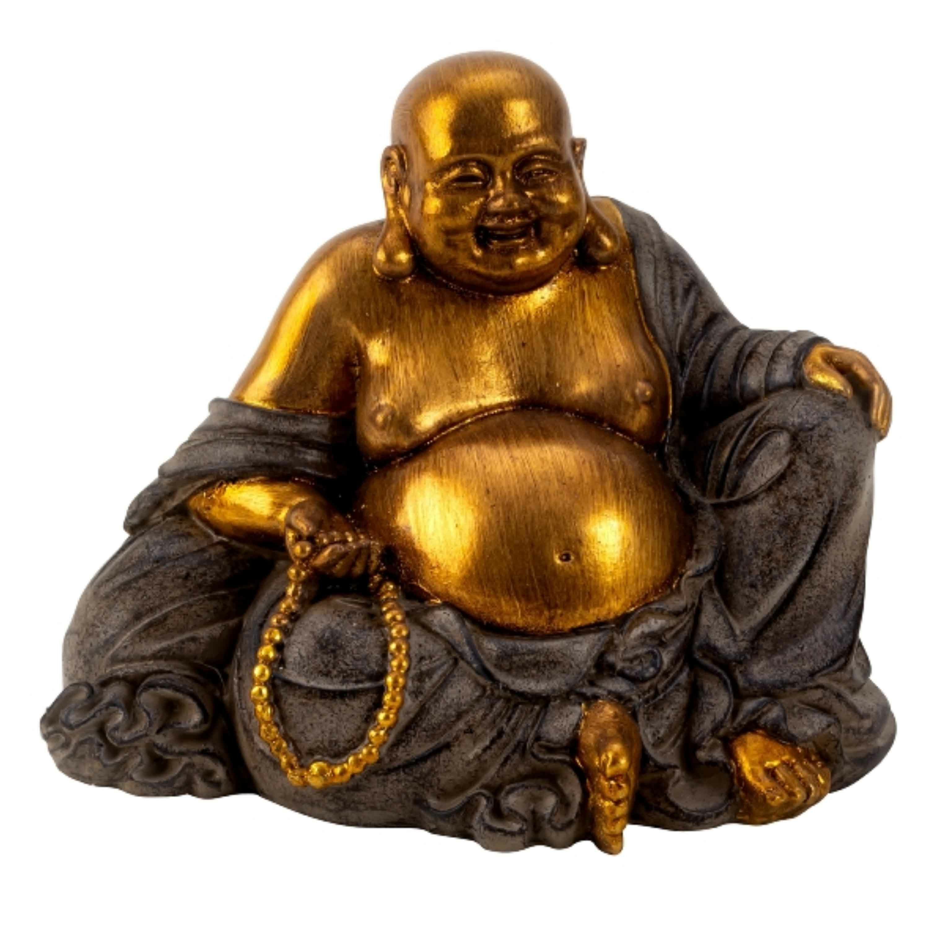 Merkloos Dikke Happy Boeddha beeldje zittend - binnen/buiten - kunststeen - grijs/goud - 17 x 20 cm -