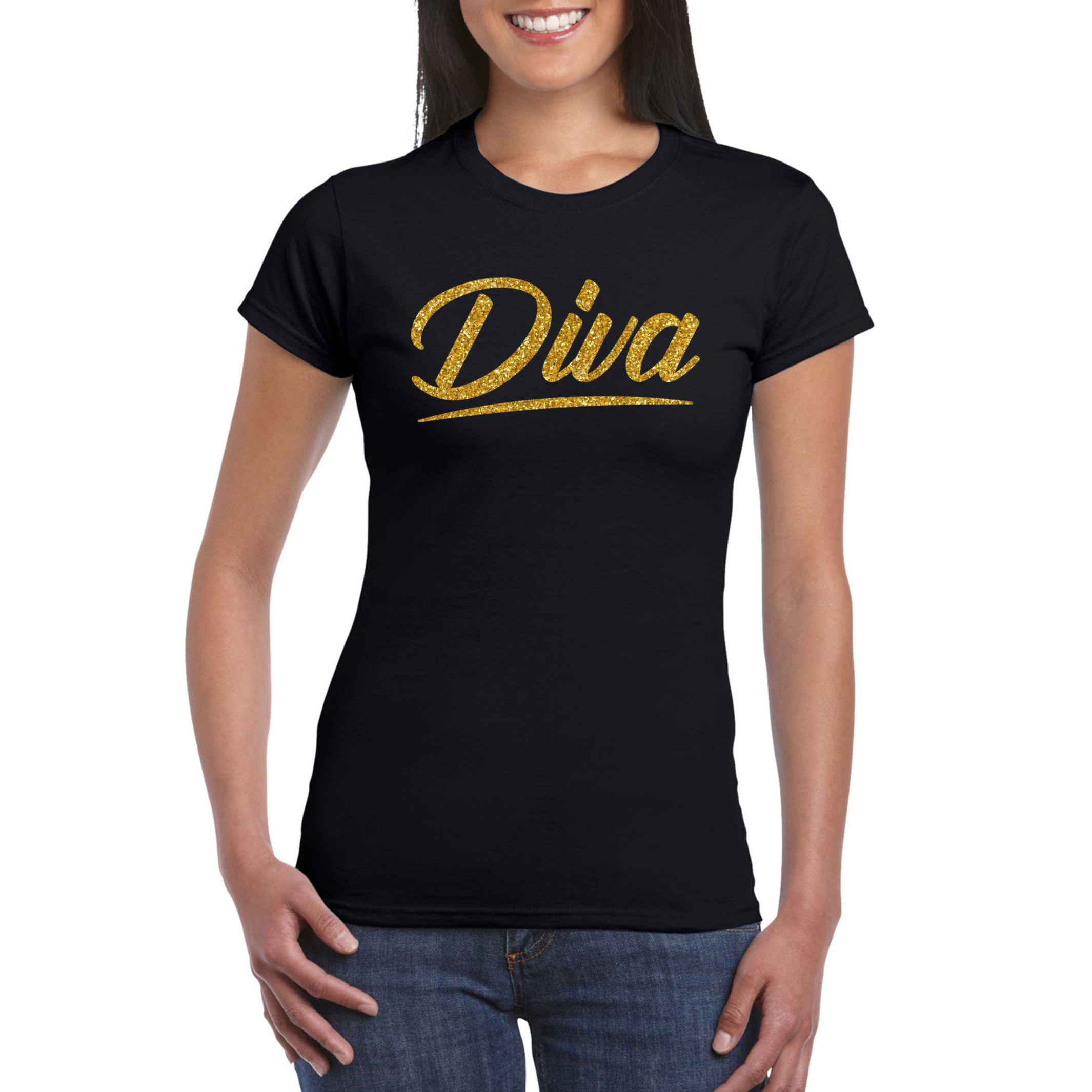Diva goud tekst t-shirt zwart dames Glitter en Glamour goud party kleding shirt