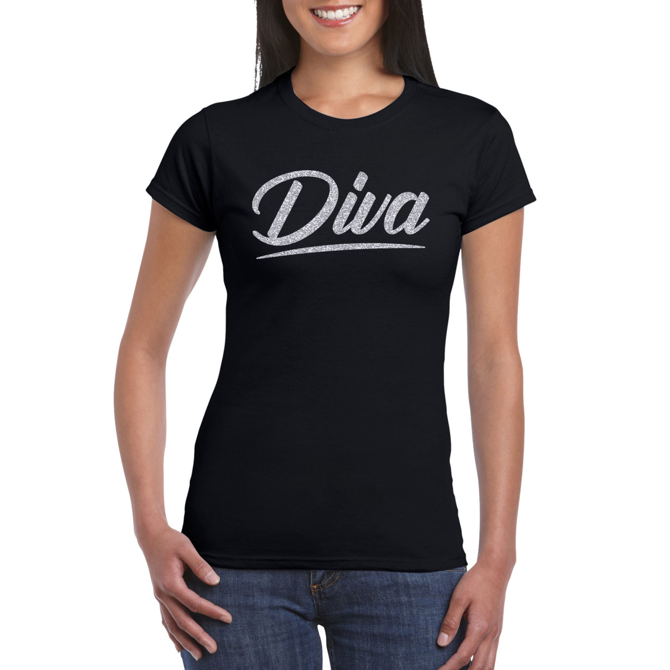 Diva zilver tekst t-shirt zwart dames Glitter en Glamour zilver party kleding shirt