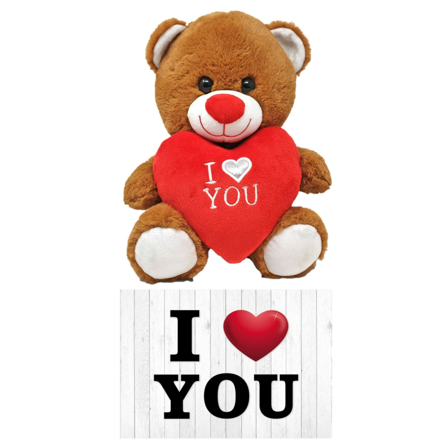 Merkloos Donker bruine pluche knuffelbeer 20 cm incl. Valentijnskaart I Love You -