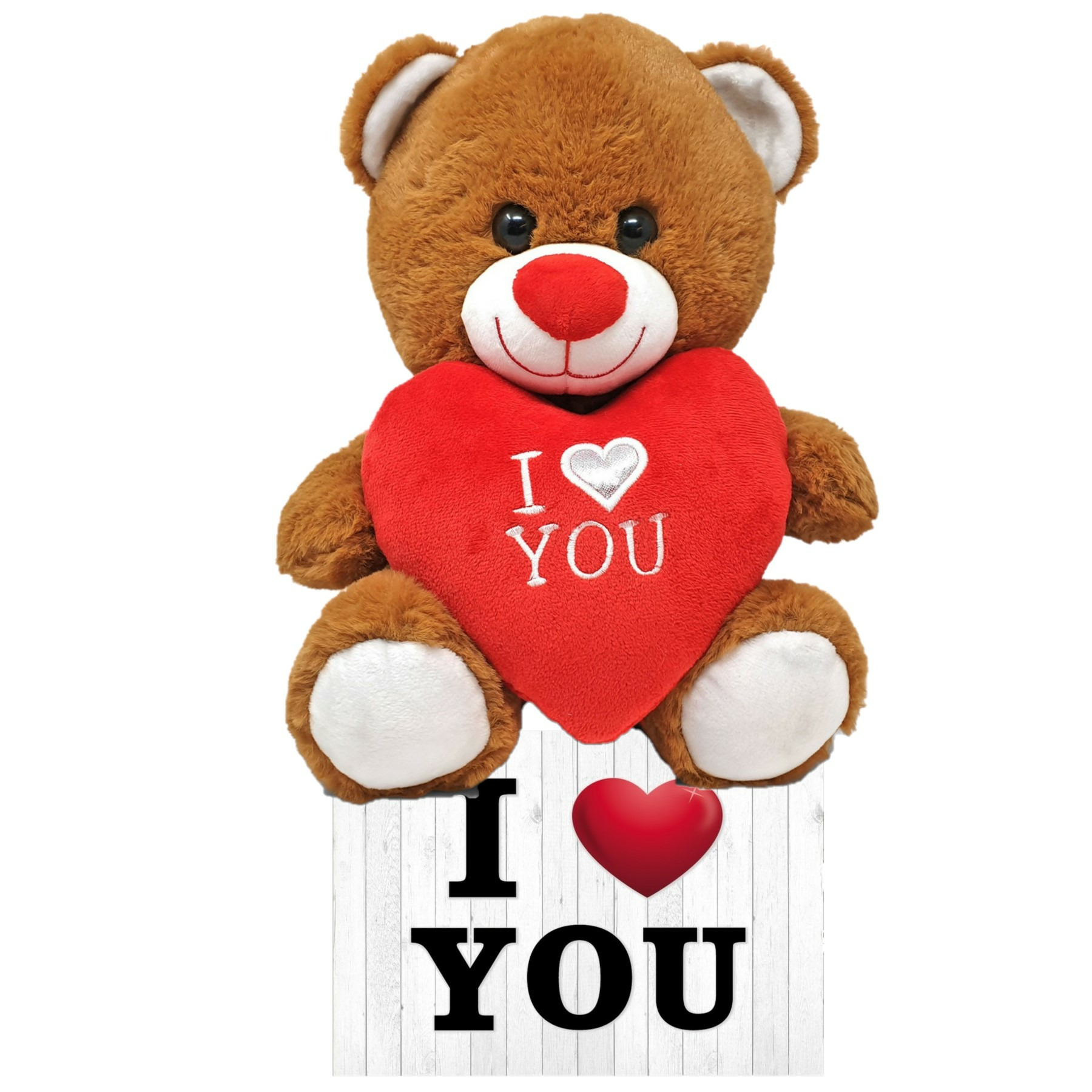 Merkloos Donker bruine pluche knuffelbeer 30 cm incl. Valentijnskaart I Love You -