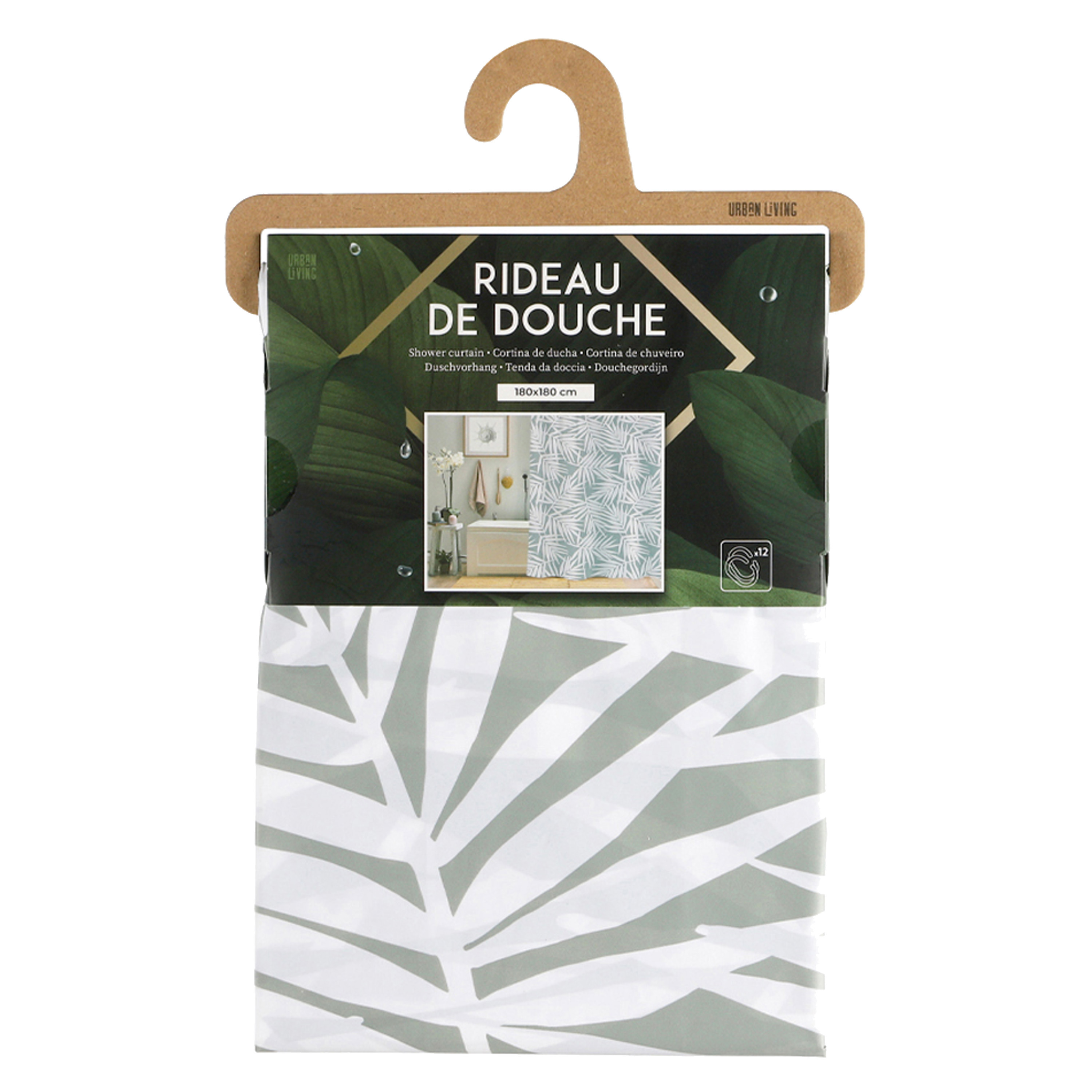 Douchegordijn met ringen wit-grijs Jungle print PVC 180 x 180 cm wasbaar
