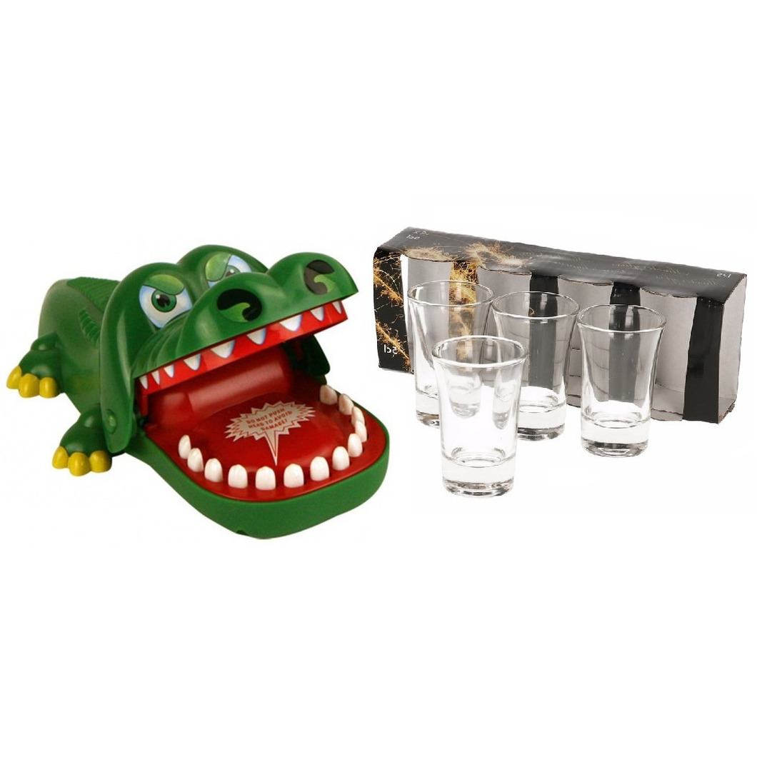 Drankspelletje bijtende krokodil incl. 4 gratis shotglaasjes