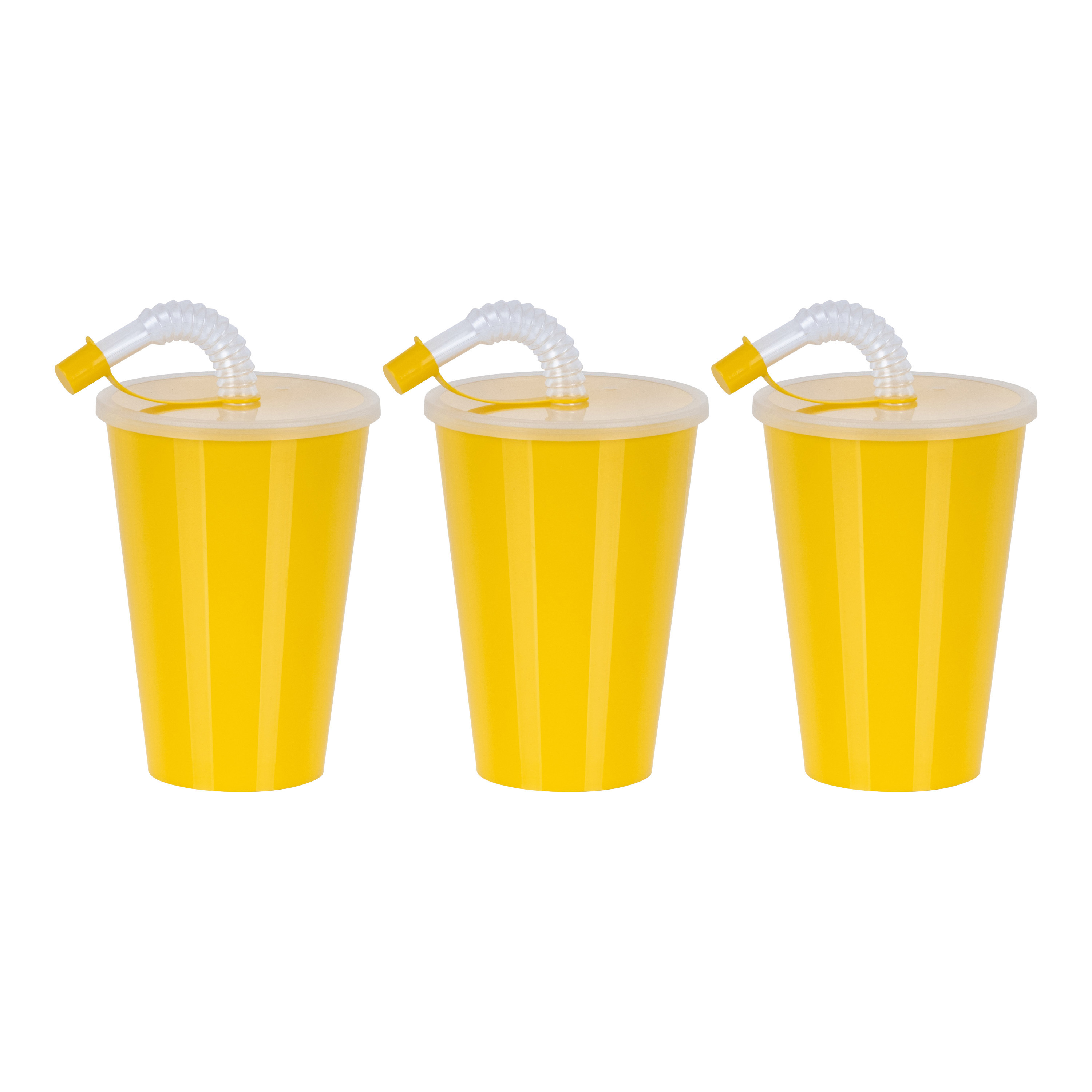 Drinkbeker met deksel en rietje 6x geel kunststof 450 ml 12 x 9 cm