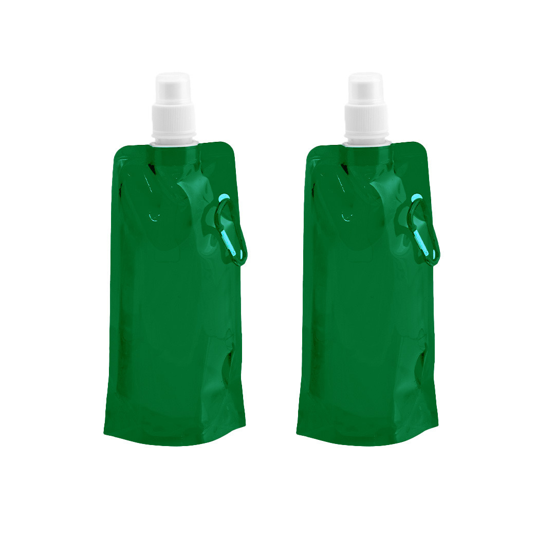 Drinkfles-bidon 2x groen navulbaar opvouwbaar met haak 400 ml festival-outdoor