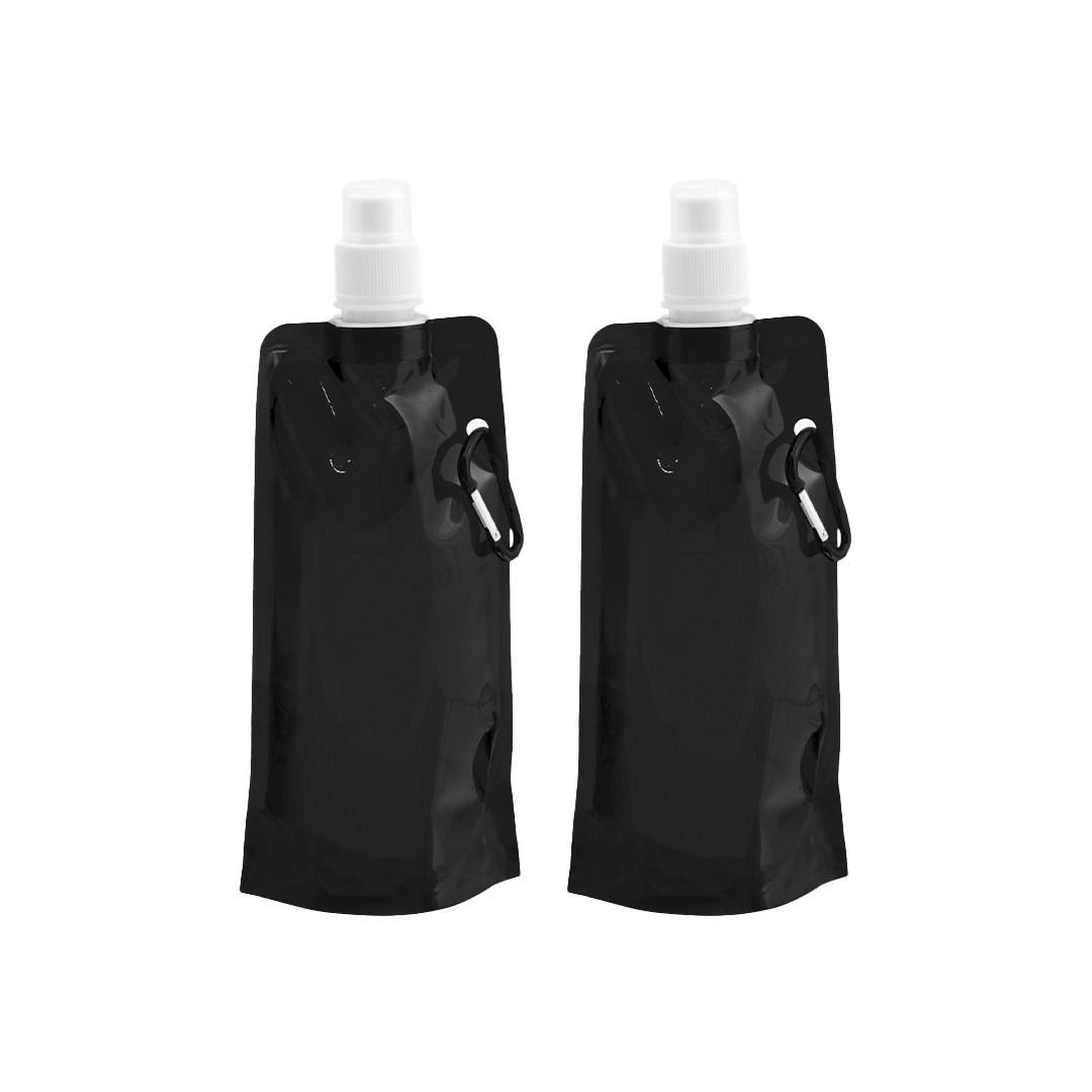 Drinkfles-bidon 2x zwart navulbaar opvouwbaar met haak 400 ml festival-outdoor