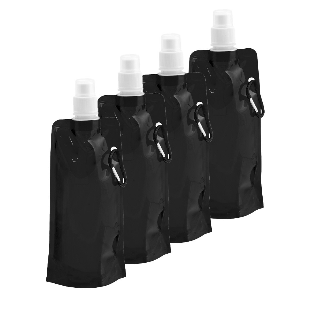 Drinkfles-bidon 4x zwart navulbaar opvouwbaar met haak 400 ml festival-outdoor