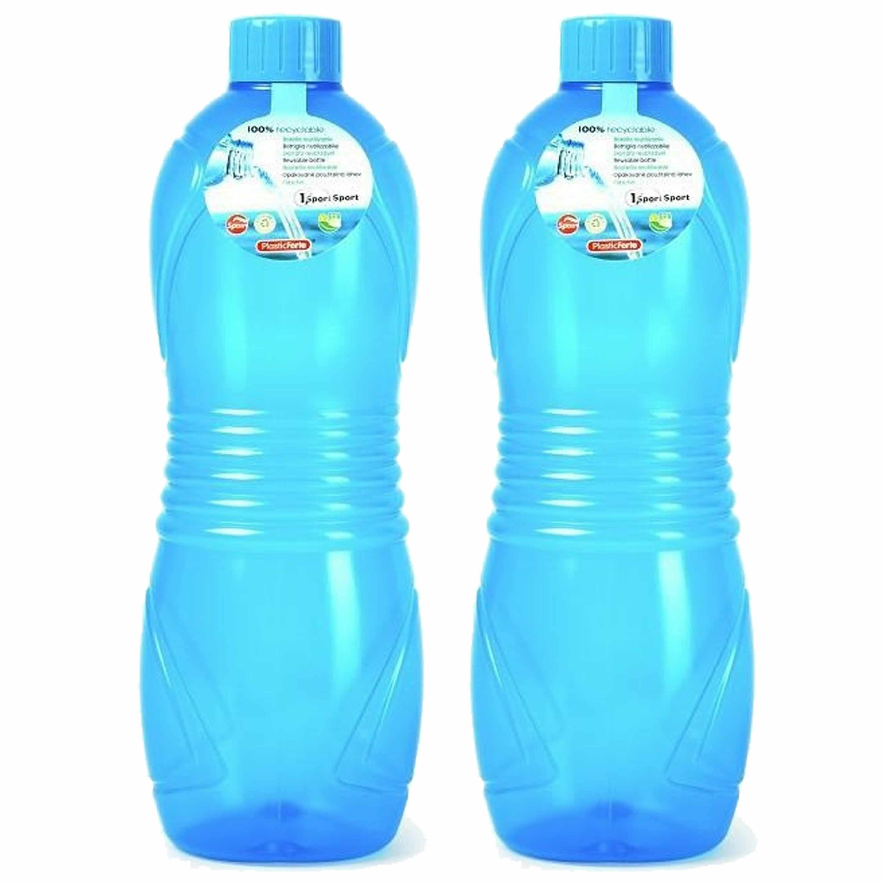 Drinkfles-waterfles-bidon 2x 1000 ml transparant-blauw kunststof