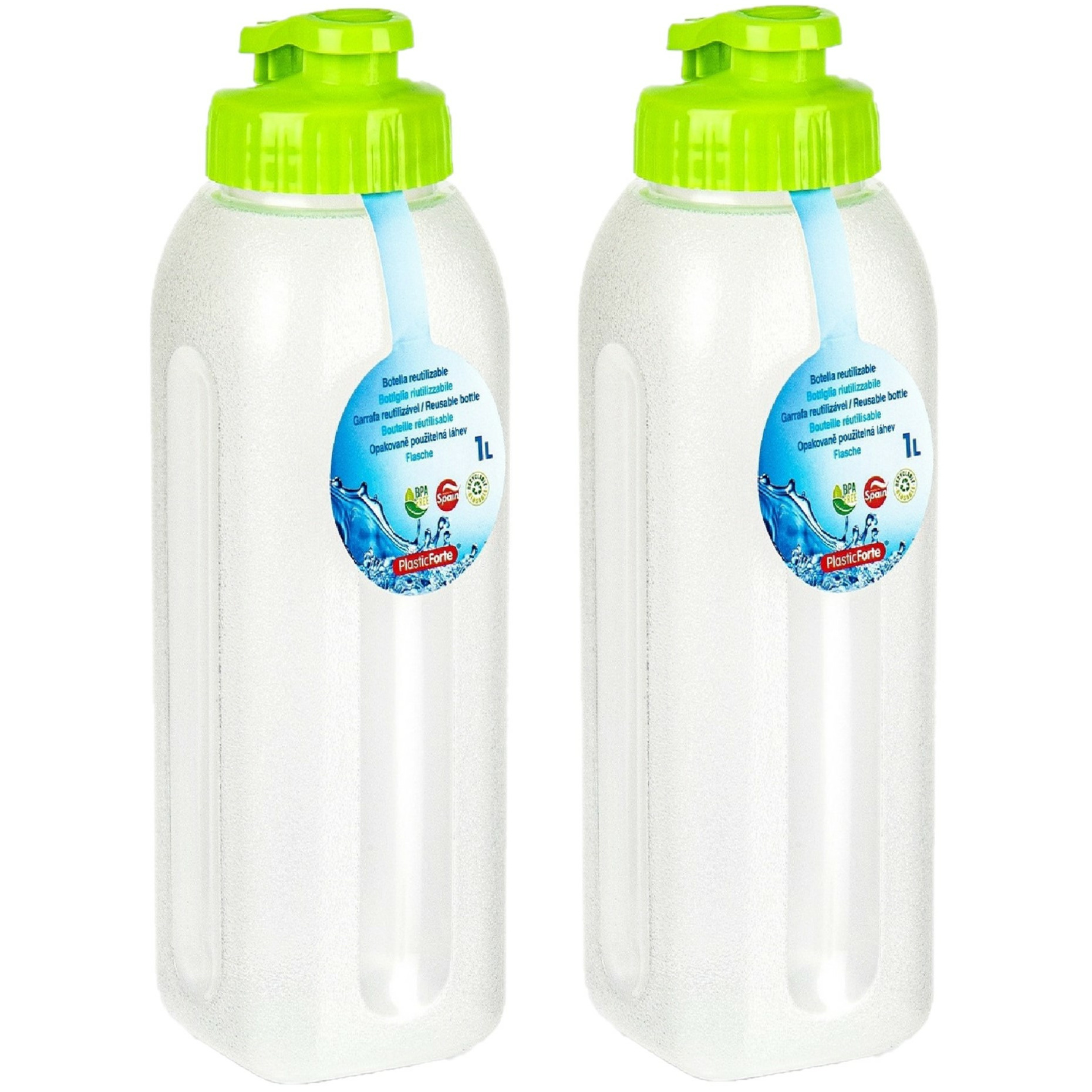 Drinkfles-waterfles-bidon 2x 1000 ml transparant-groen- kunststof