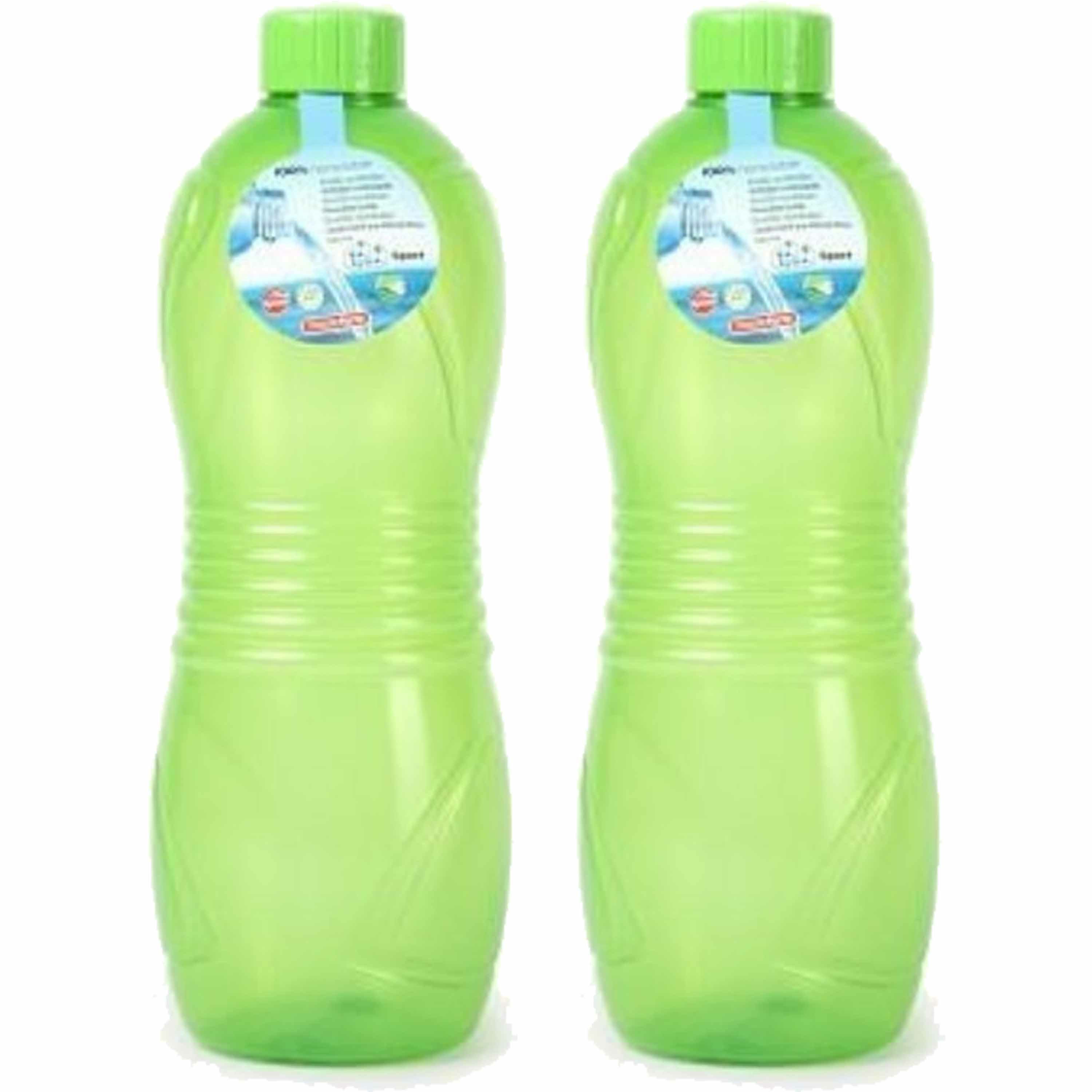 Drinkfles-waterfles-bidon 2x 1000 ml transparant-groen kunststof