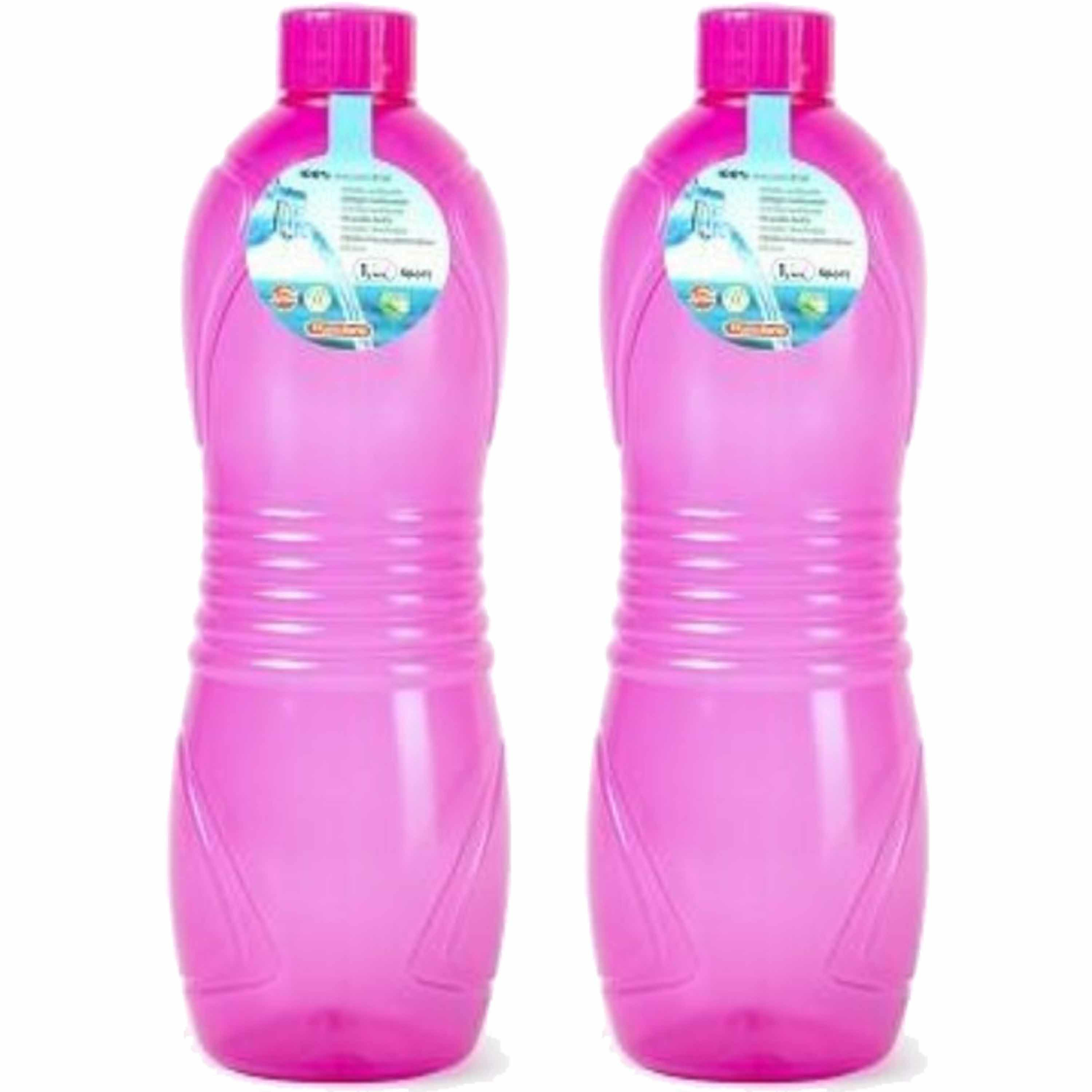 Drinkfles-waterfles-bidon 2x 1000 ml transparant-roze kunststof