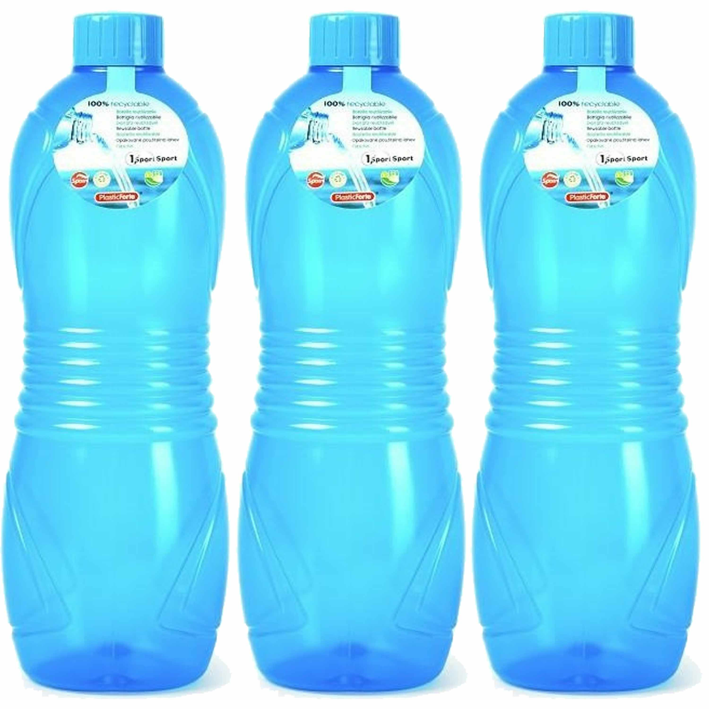 Drinkfles-waterfles-bidon 3x 1000 ml transparant-blauw kunststof