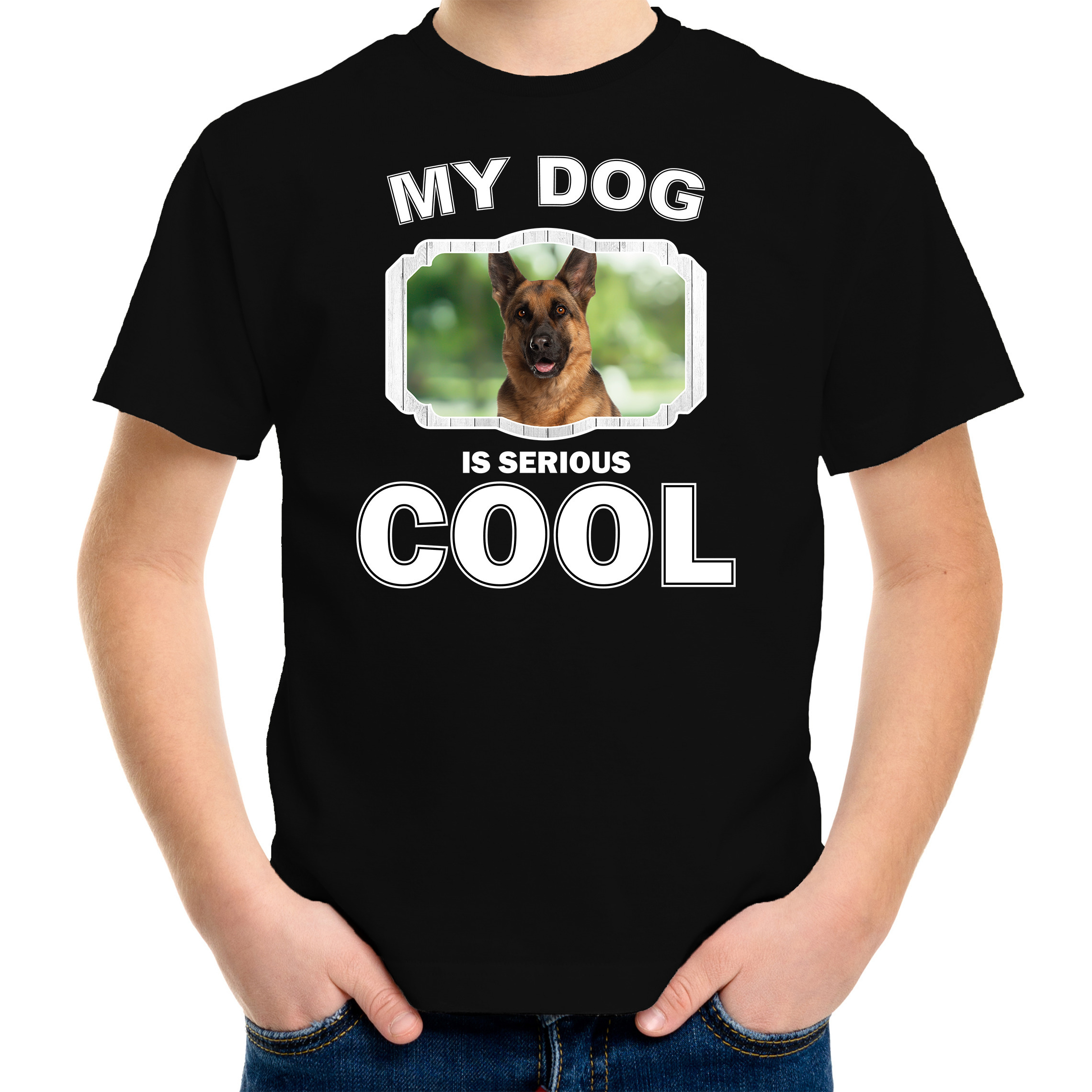 Duitse herder honden t-shirt my dog is serious cool zwart voor kinderen