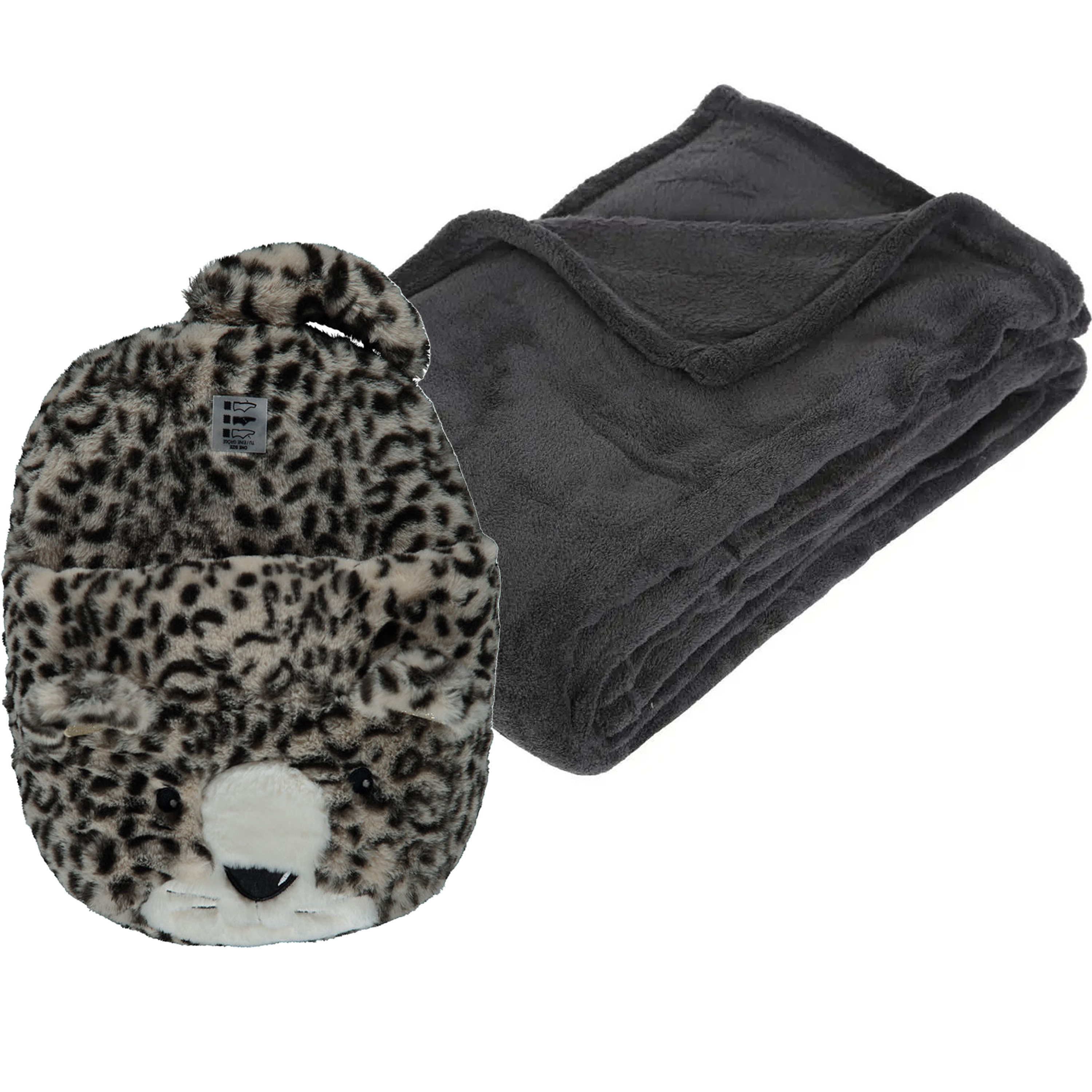 Fleece deken antraciet 125 x 150 cm met voetenwarmer slof cheetah one size One size -