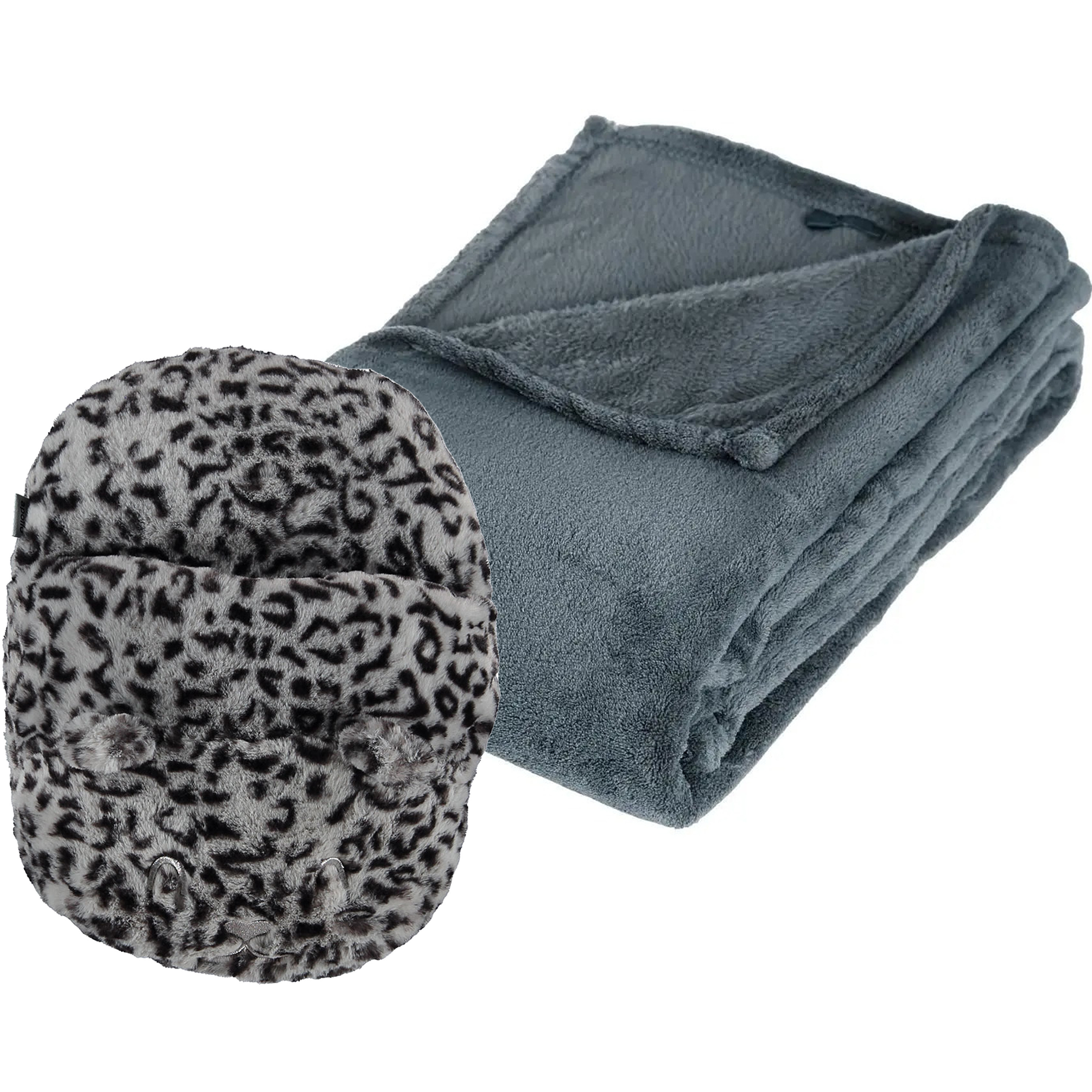 Fleece deken blauwgrijs 125 x 150 cm met voetenwarmer slof cheetah one size One size -