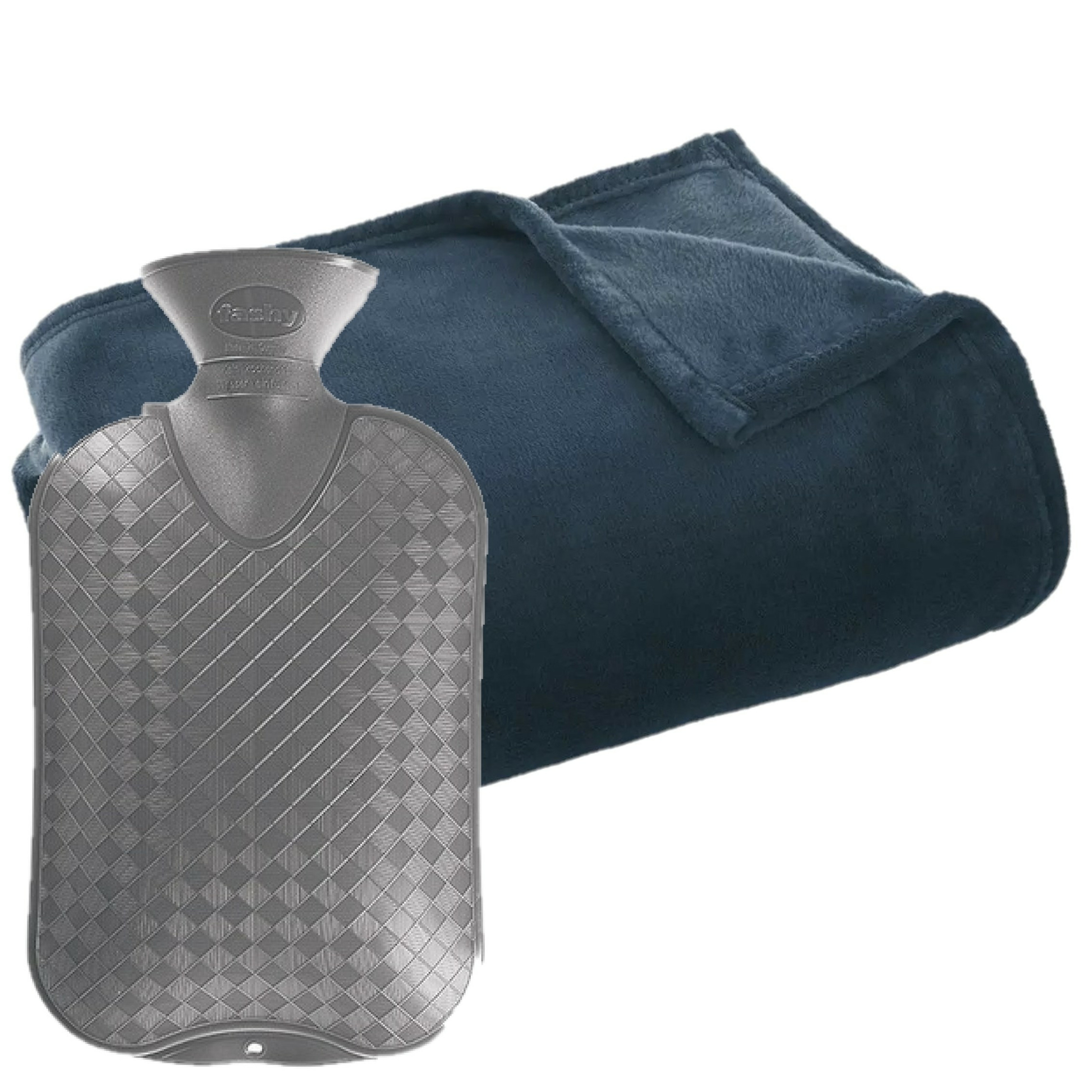 Fleece deken-plaid Navy Blauw 130 x 180 cm en een warmwater kruik 2 liter