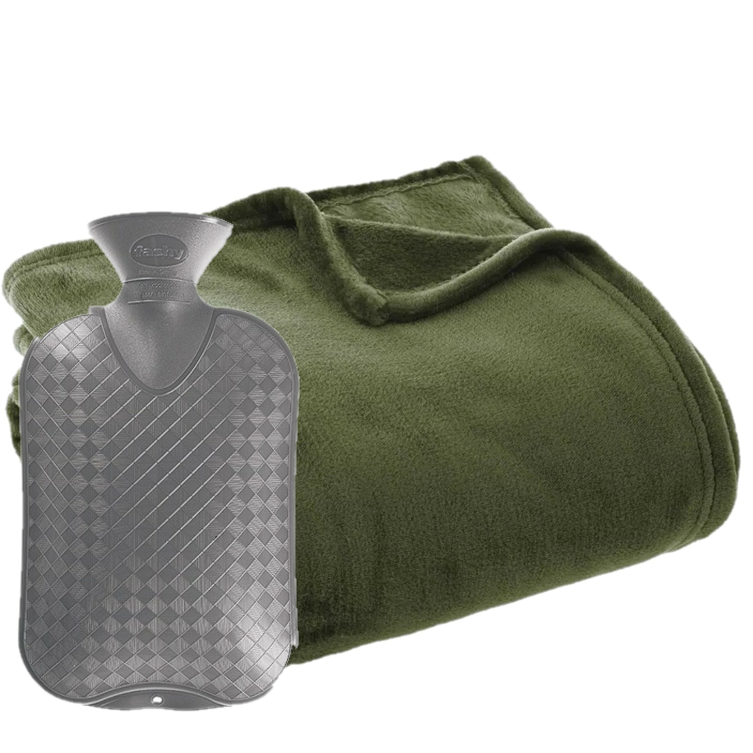 Fleece deken-plaid Olijf Groen 130 x 180 cm en een warmwater kruik 2 liter