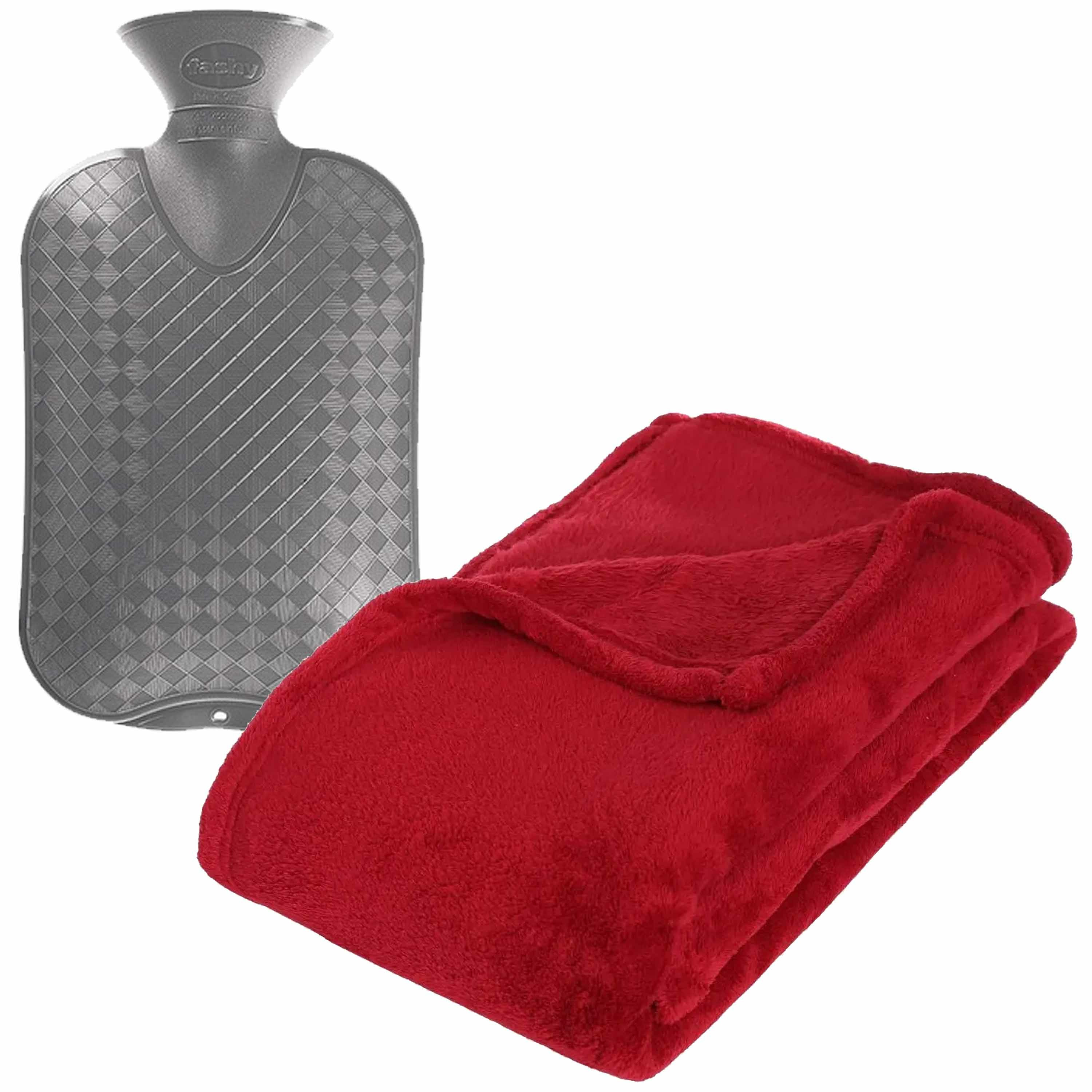 Fleece deken-plaid Rood 130 x 180 cm en een warmwater kruik 2 liter