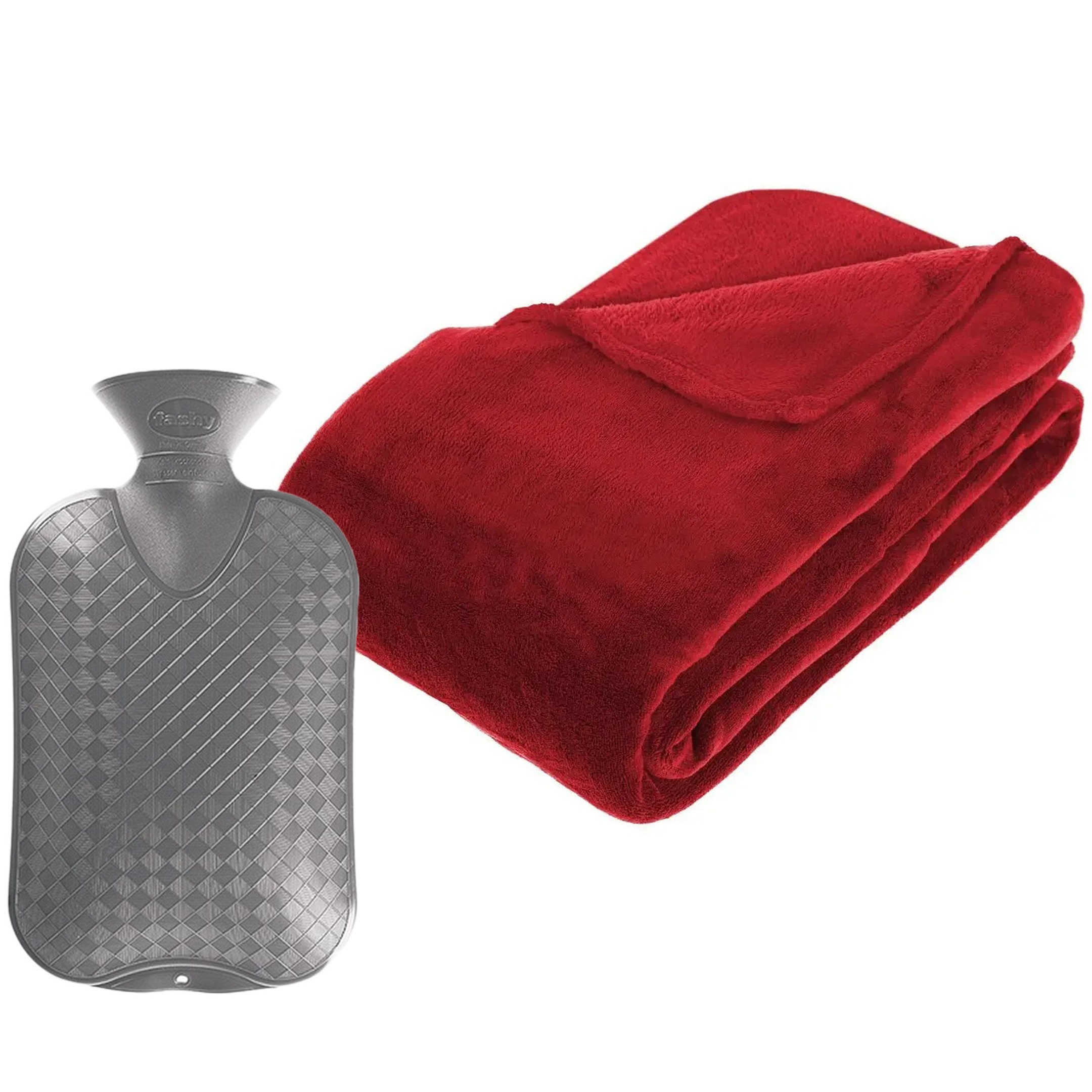 Fleece deken-plaid Rood 230 x 180 cm en een warmwater kruik 2 liter