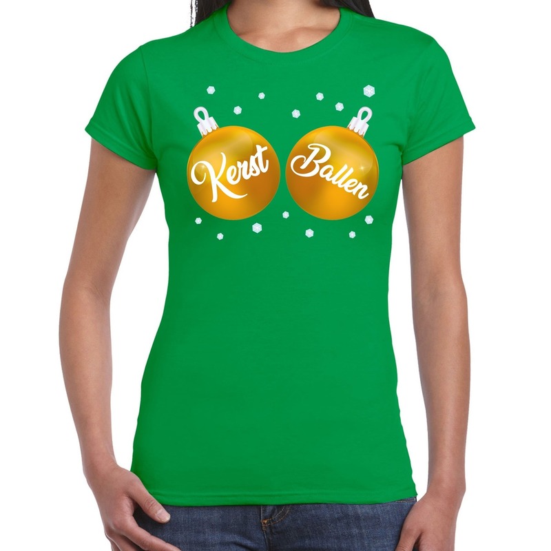 Fout kerst t-shirt groen met gouden kerst ballen voor dames