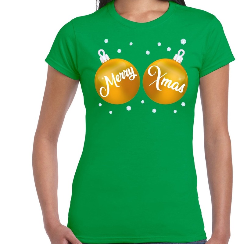 Fout kerst t-shirt groen met gouden merry Xmas ballen voor dames