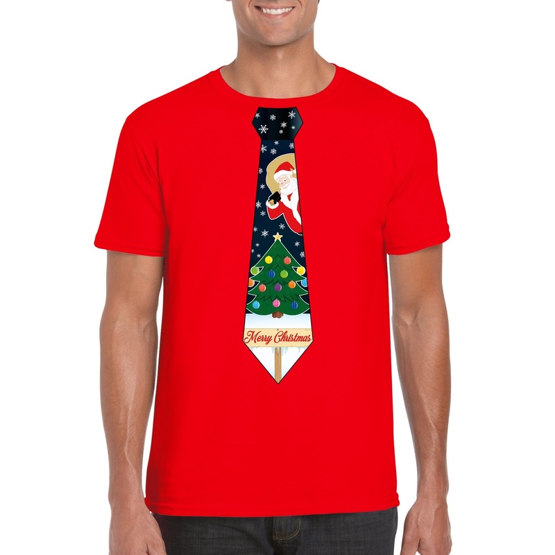 Fout kerst t-shirt rood met kerstboom stropdas voor heren
