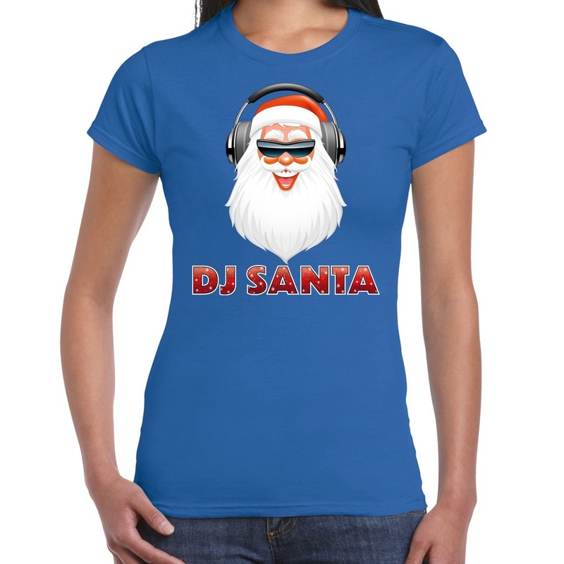 Fout kerstshirt blauw DJ Santa met koptelefoon voor dames M -