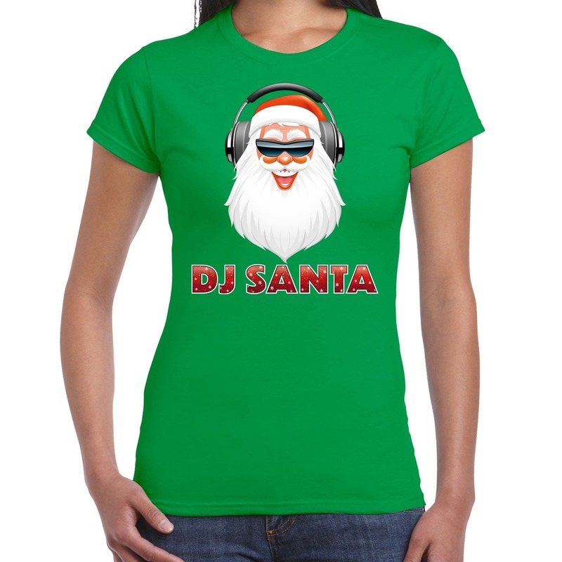 Fout kerstshirt groen DJ Santa met koptelefoon voor dames
