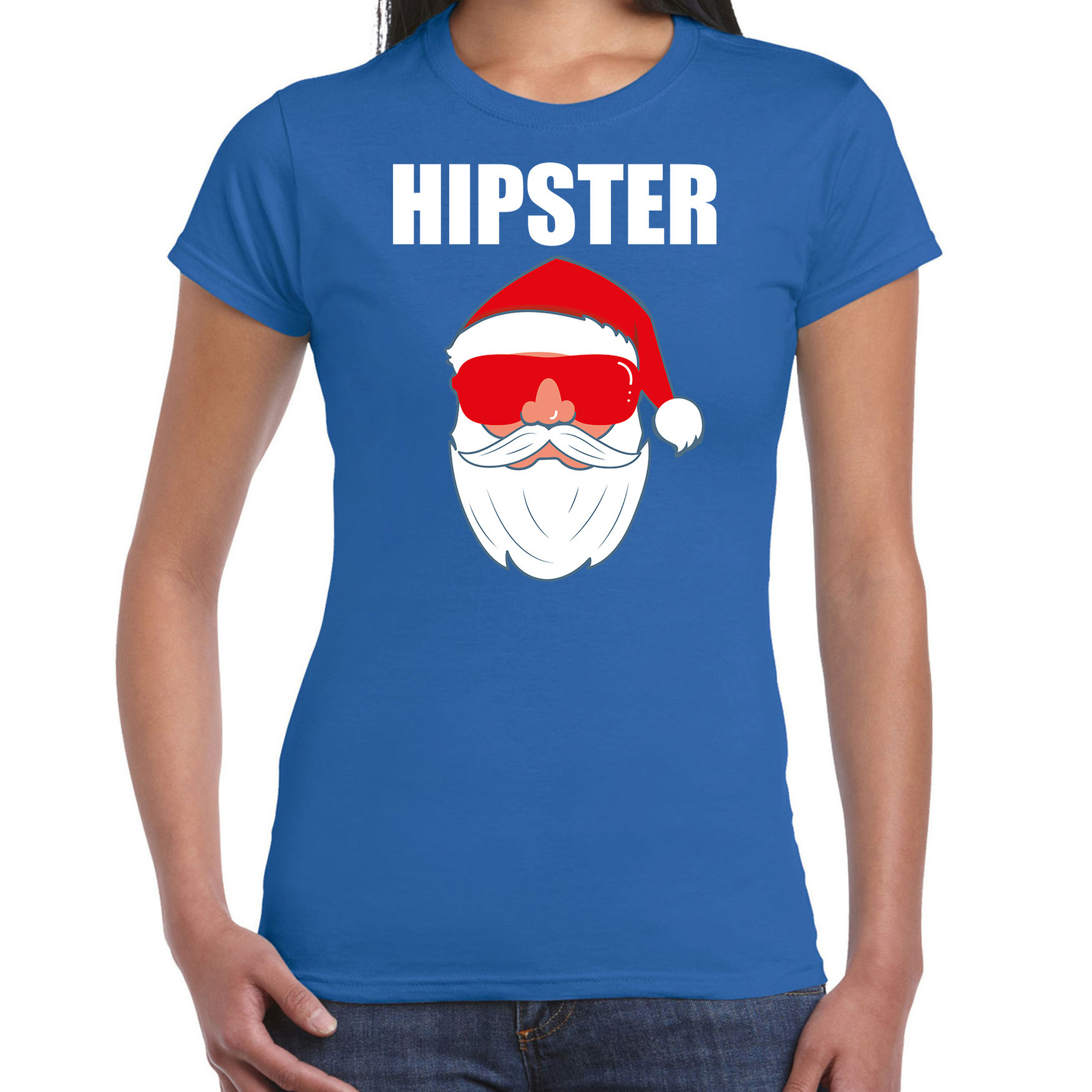 Fout Kerstshirt-Kerst outfit Hipster Santa blauw voor dames