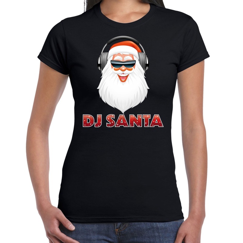Fout kerstshirt zwart DJ Santa met koptelefoon voor dames XS -