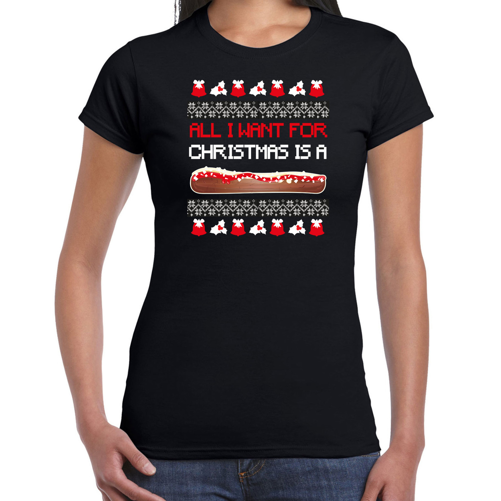 Fout kersttrui t-shirt voor dames Frikandel speciaal zwart Frituur snack