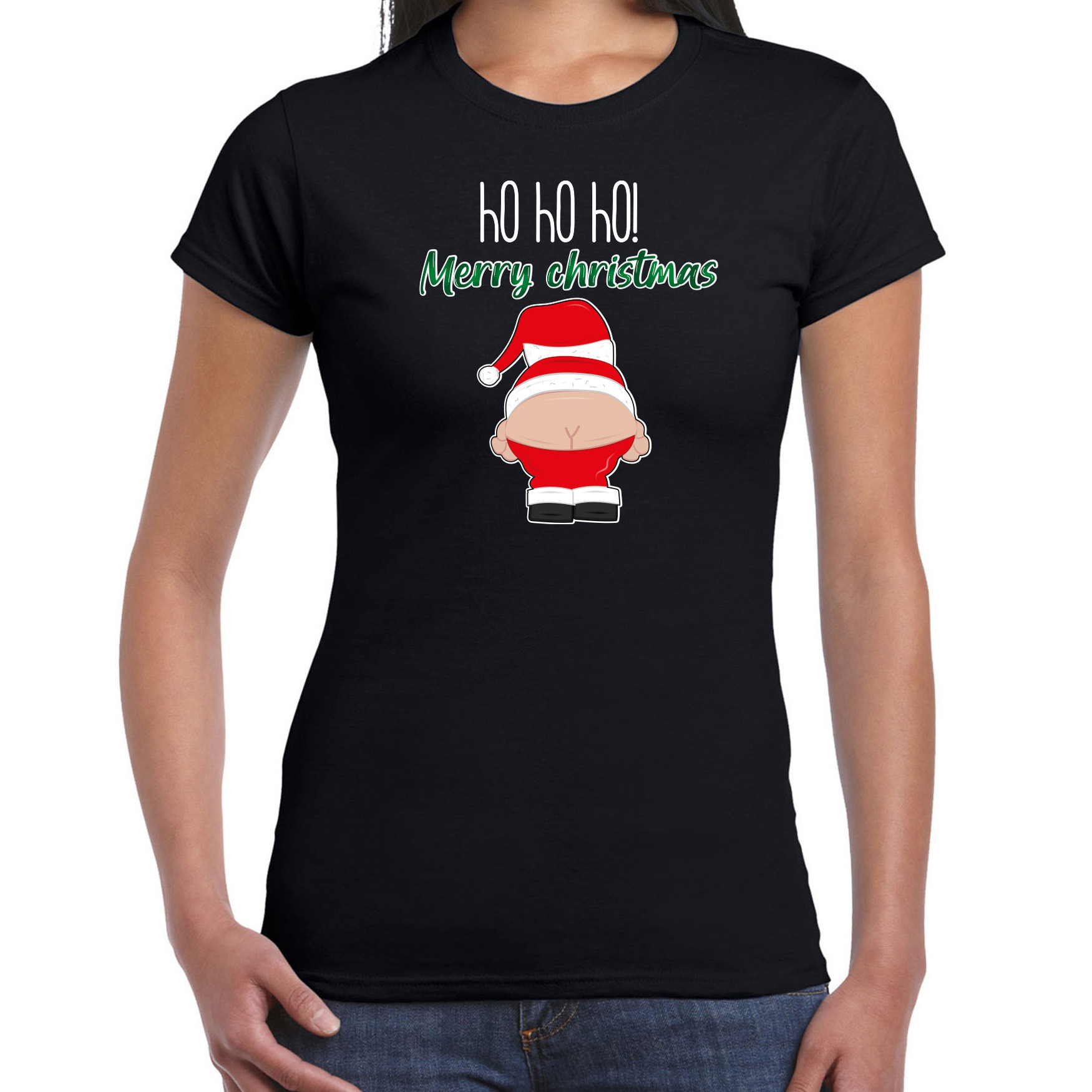 Fout kersttrui t-shirt voor dames Kerstman zwart Merry Christmas