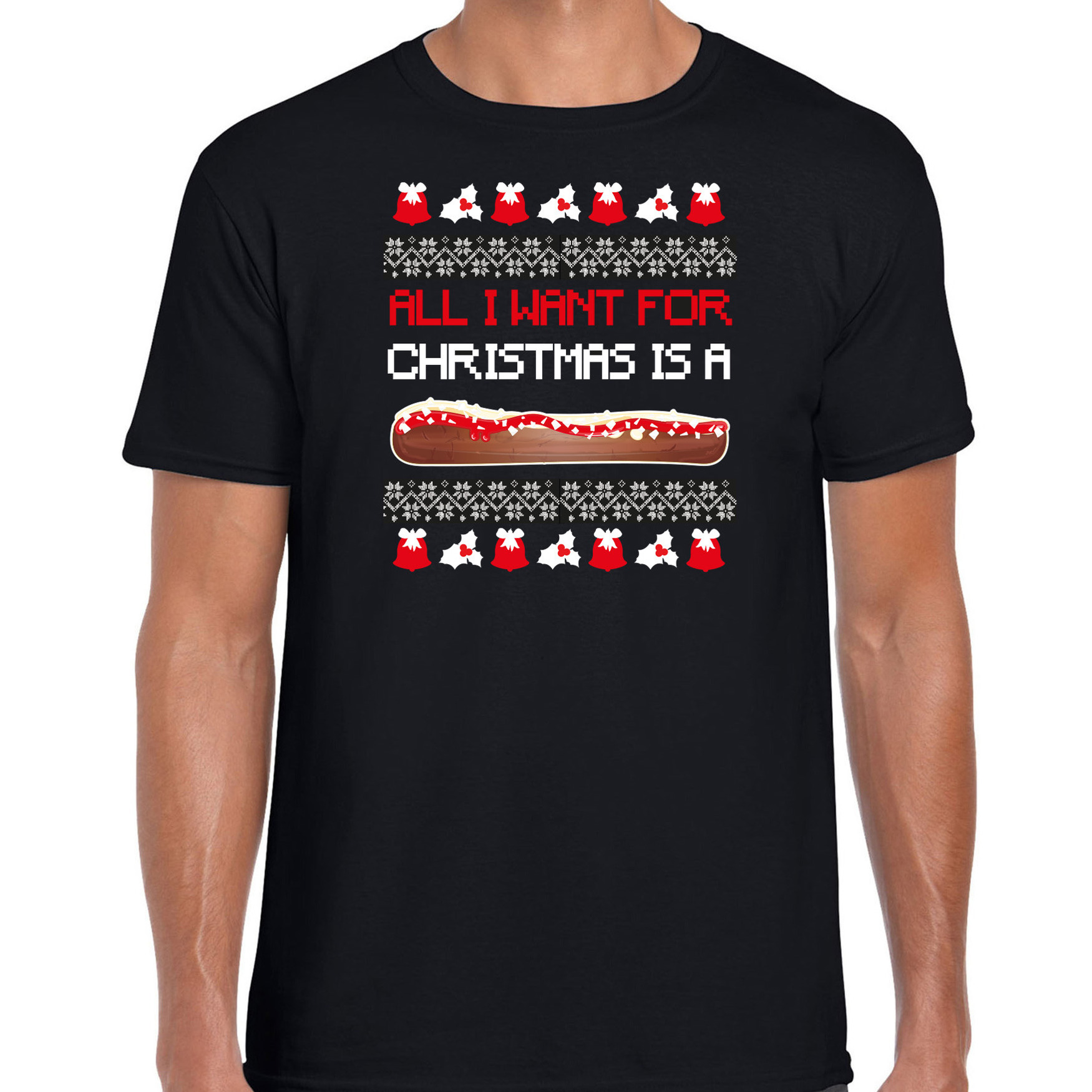 Fout kersttrui t-shirt voor heren Frikandel speciaal zwart Frituur snack