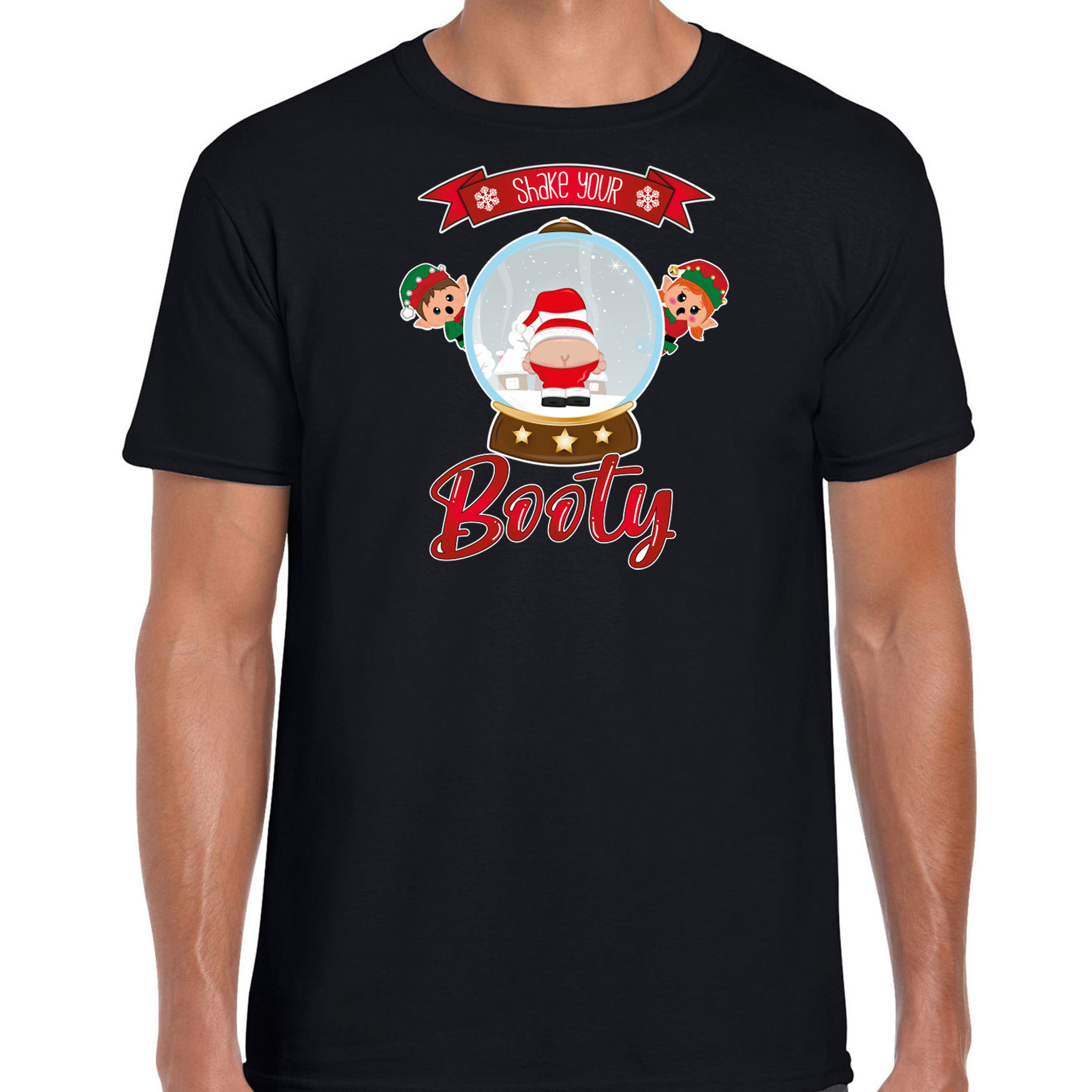 Fout kersttrui t-shirt voor heren Kerstman sneeuwbol zwart Shake Your Booty
