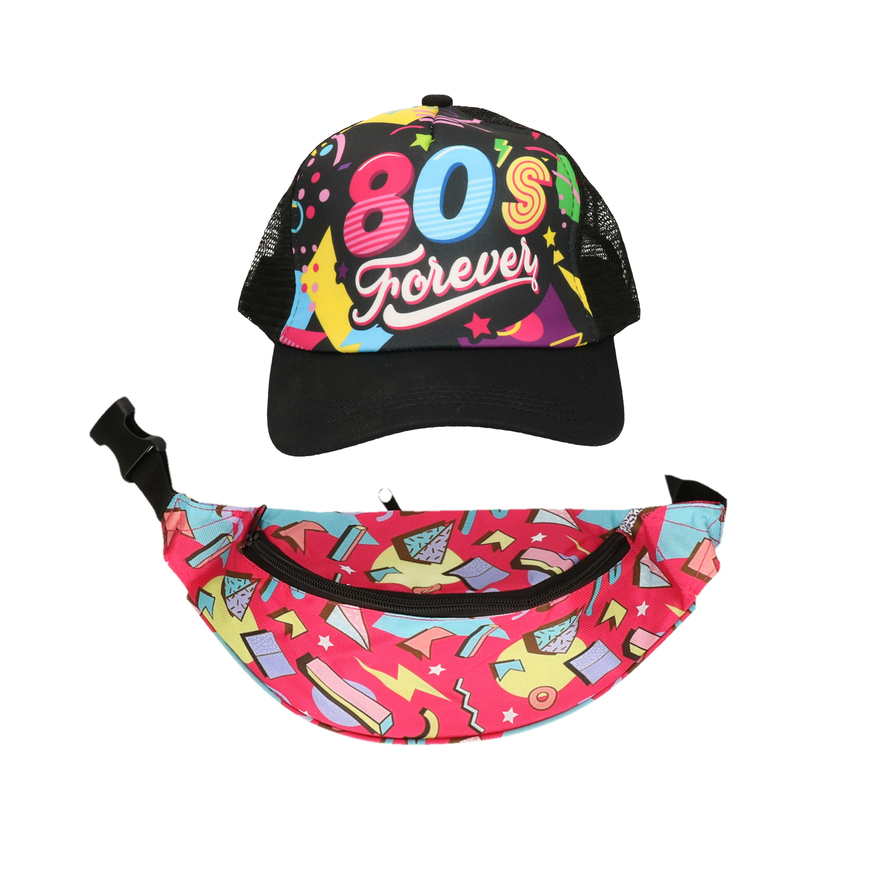 Foute 80s-90s party verkleed set dames pet en heuptasje jaren 80-90 verkleed accessoires