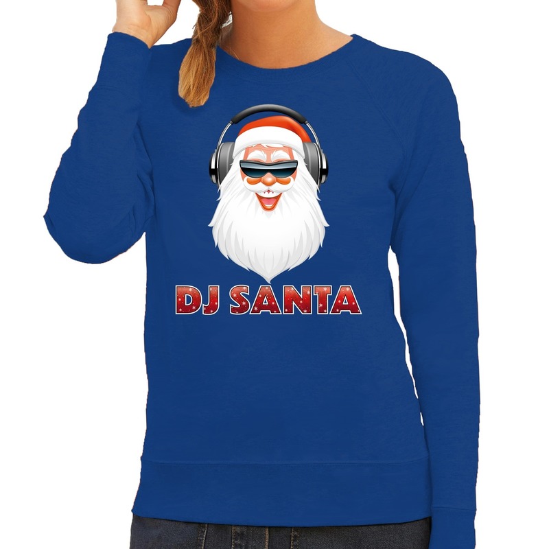 Foute kersttrui blauw DJ santa met koptelefoon voor dames XS (34) -