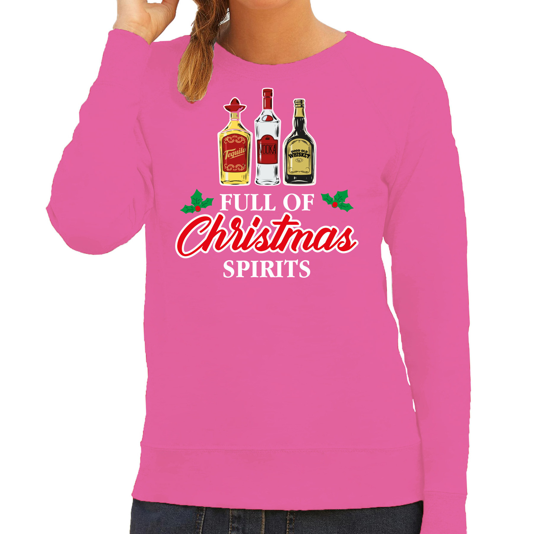Foute kersttrui-sweater voor dames drank humor roze Christmas spirits