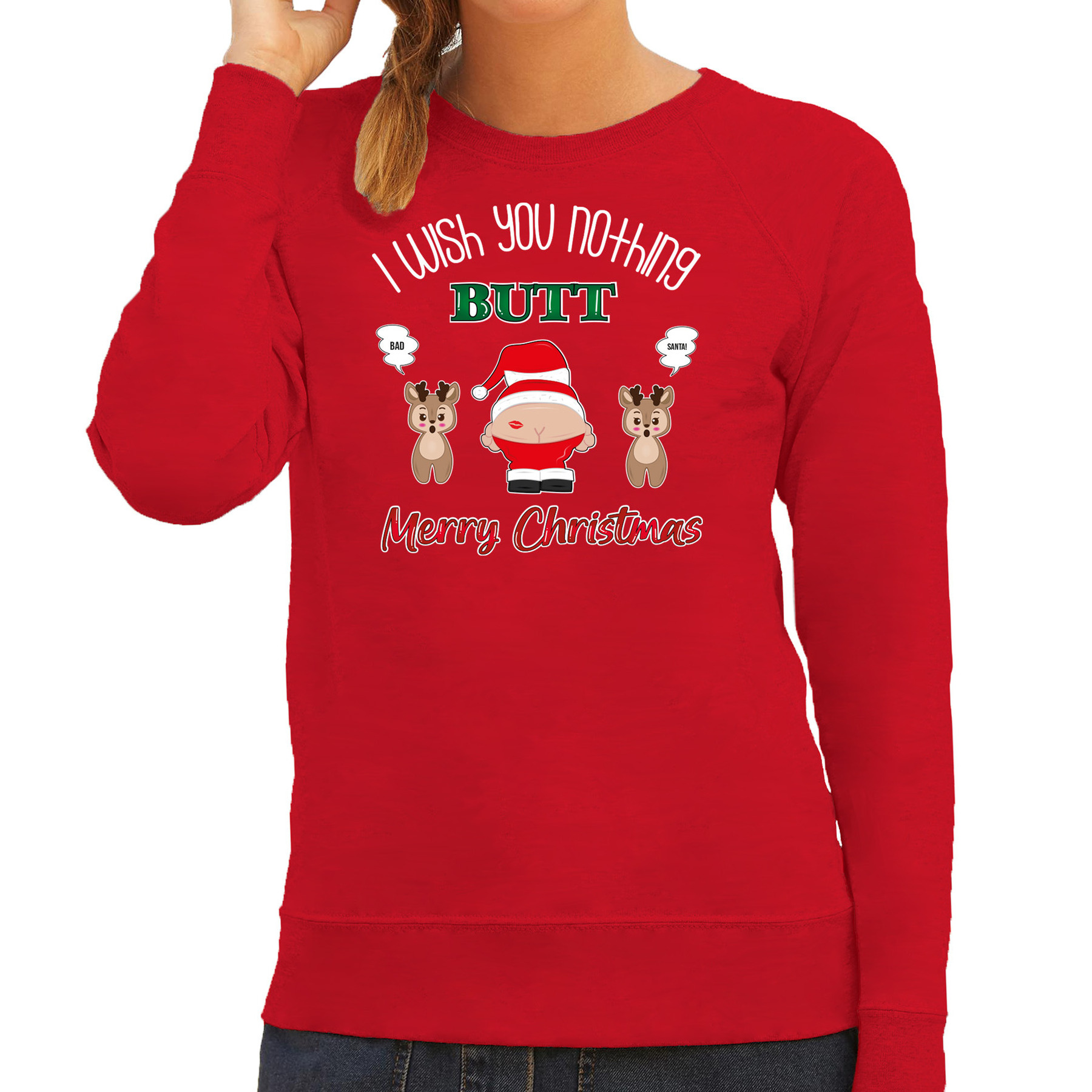 Foute Kersttrui-sweater voor dames I Wish You Nothing Butt Merry Christmas rood Kerstman